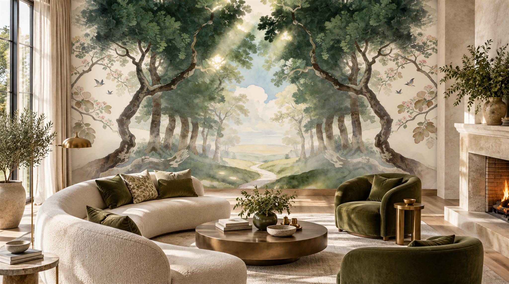 Ivory Woodland Trees Wallpaper Mural Scene