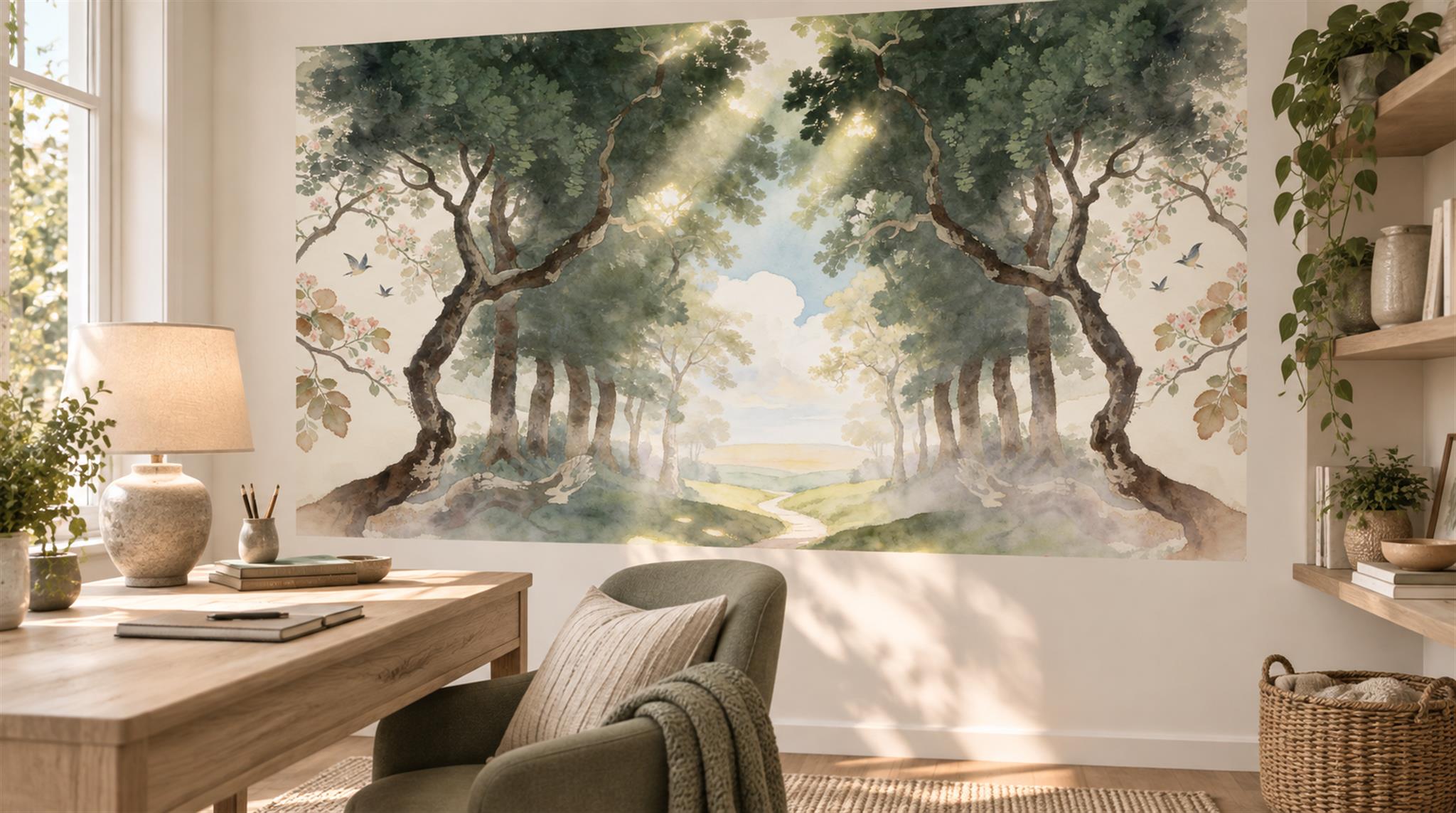 Ivory Woodland Trees Wallpaper Mural Scene