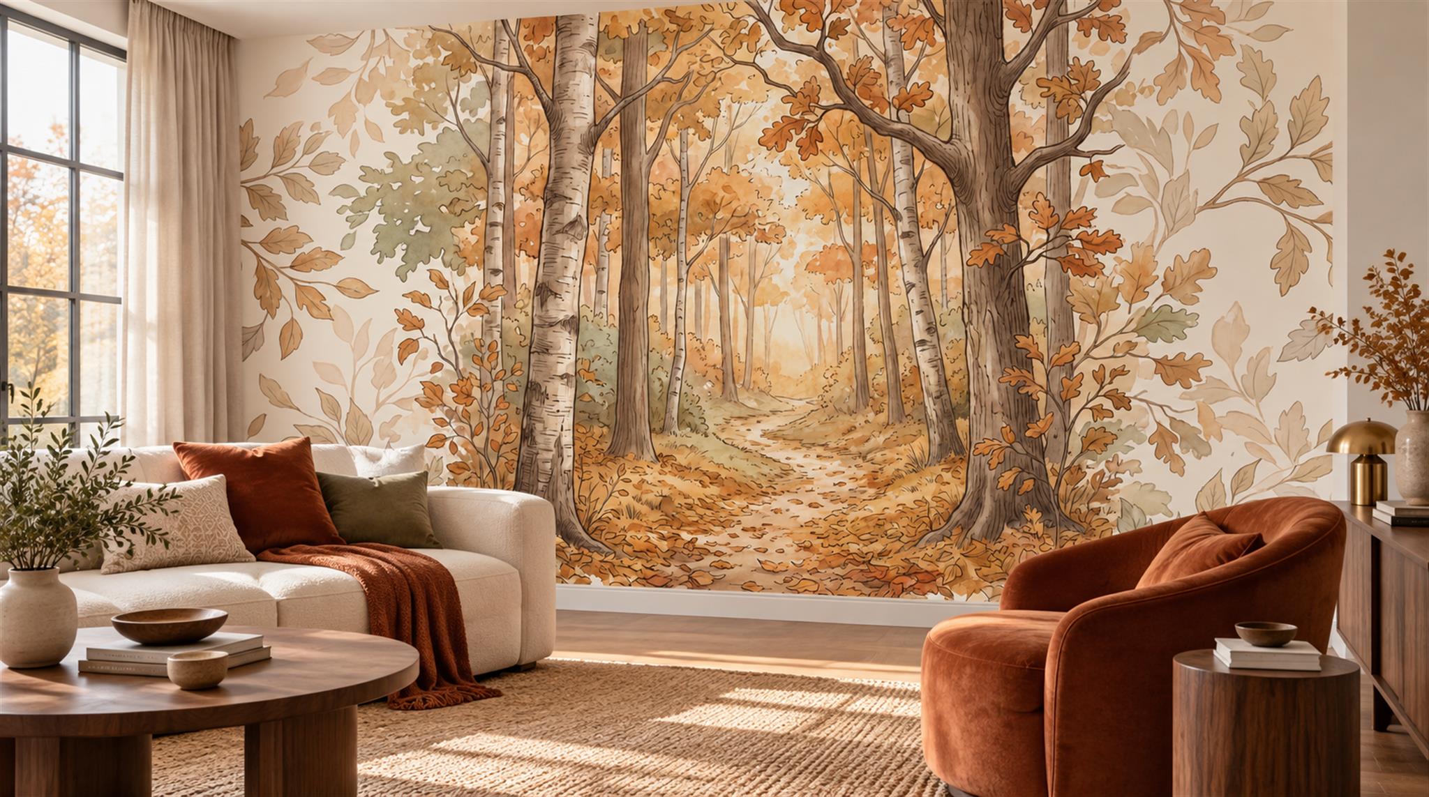 Gold Woodland Trees Wallpaper Mural Scene