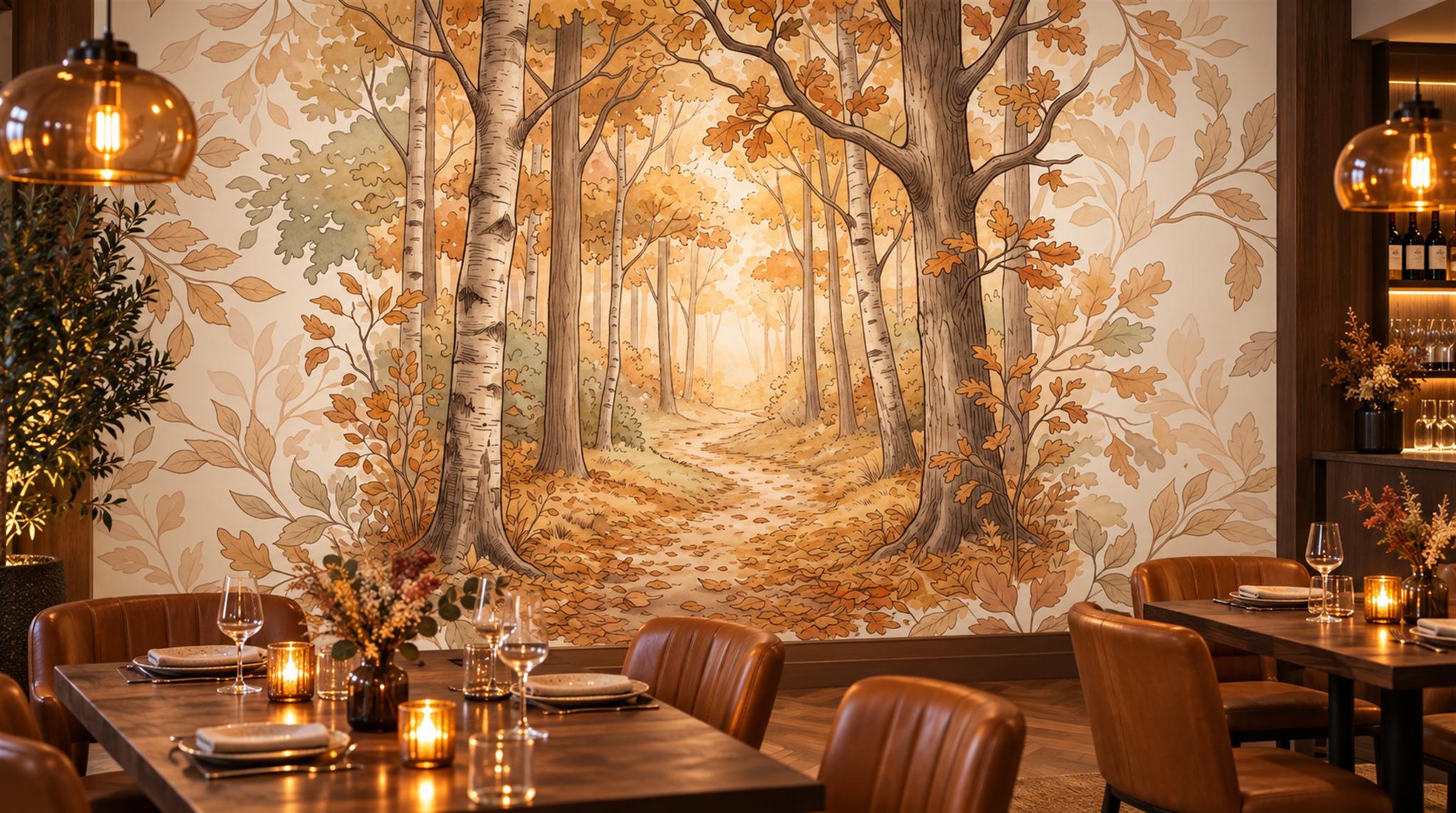 Gold Woodland Trees Wallpaper Mural Scene