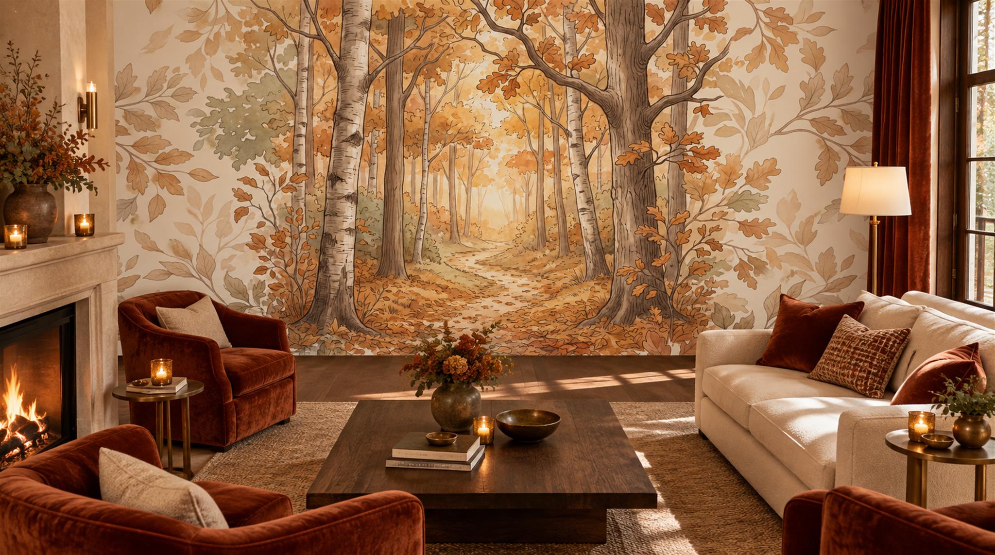 Gold Woodland Trees Wallpaper Mural Scene