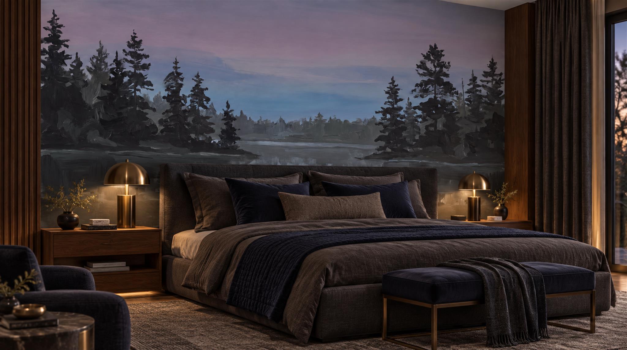Navy Lakeside Landscape Wallpaper Mural Main