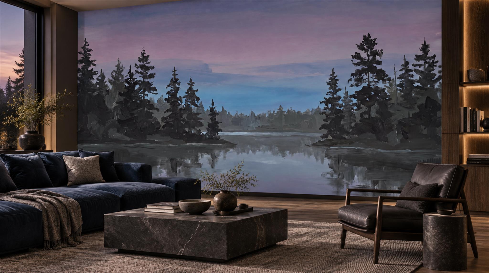 Navy Lakeside Landscape Wallpaper Mural Scene