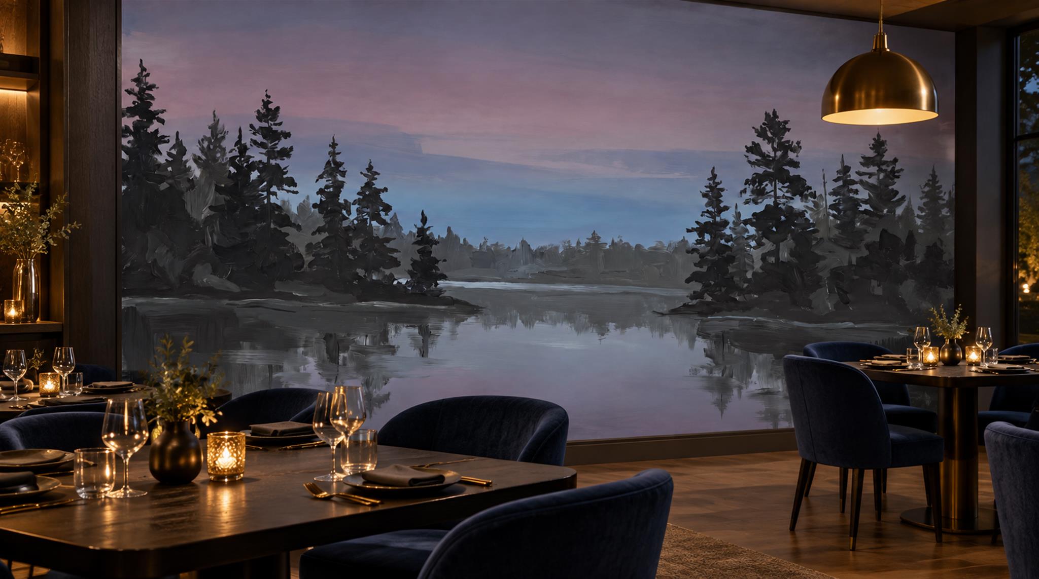 Navy Lakeside Landscape Wallpaper Mural Scene