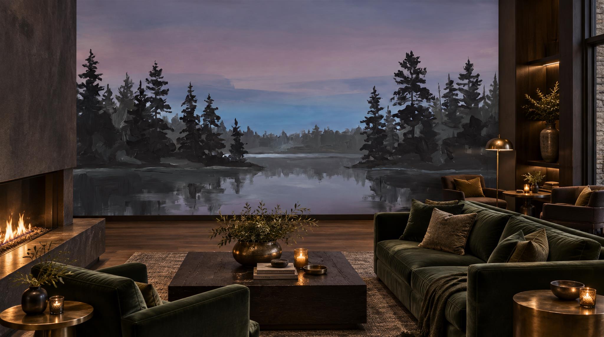 Navy Lakeside Landscape Wallpaper Mural Scene