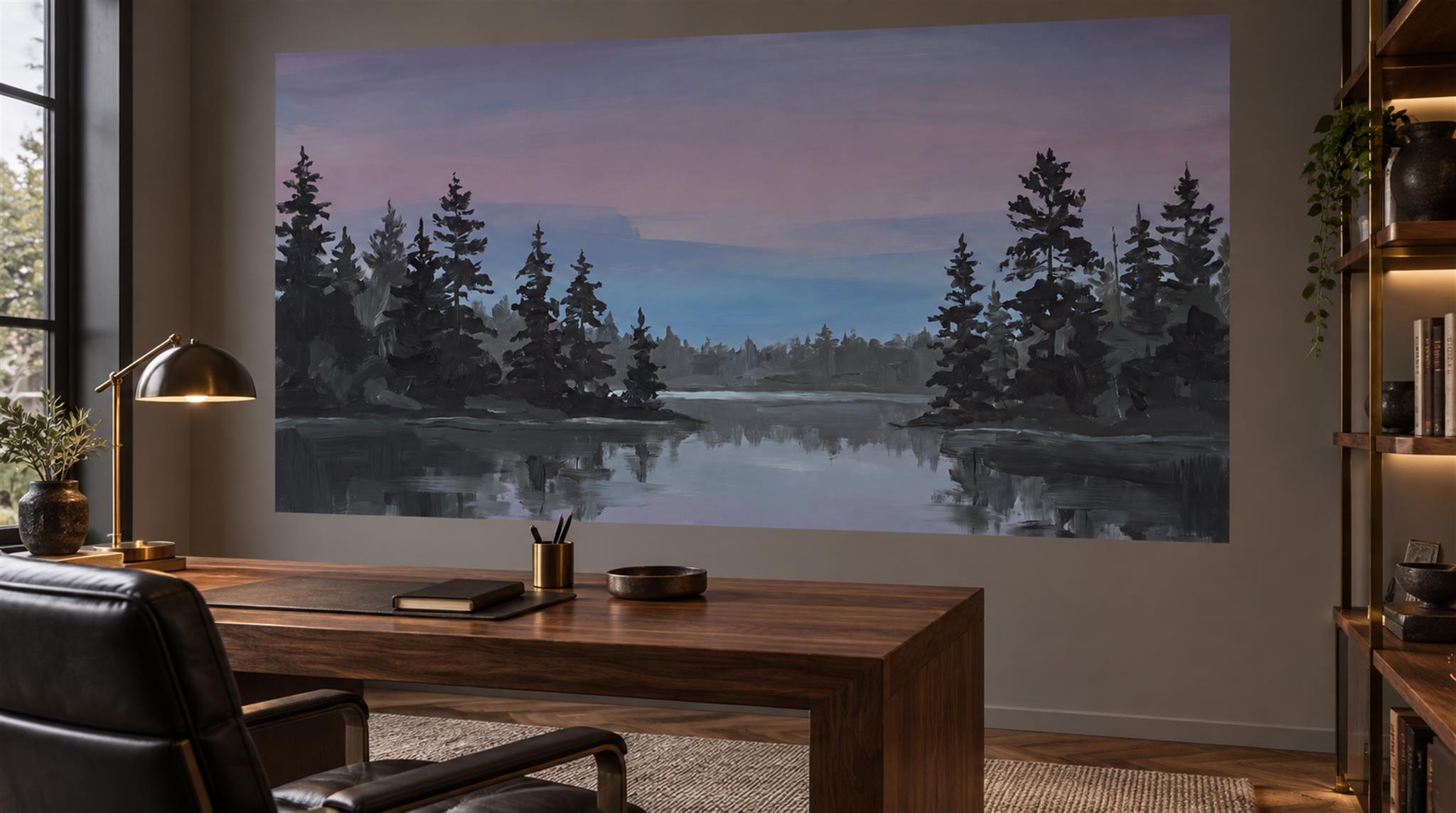 Navy Lakeside Landscape Wallpaper Mural Scene