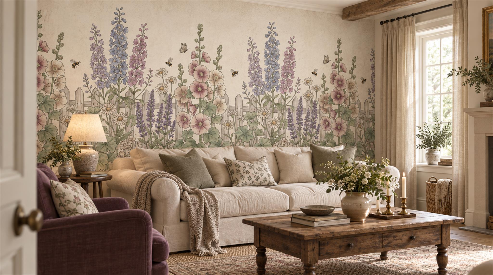 Ivory Floral Patterning Wallpaper Mural Scene