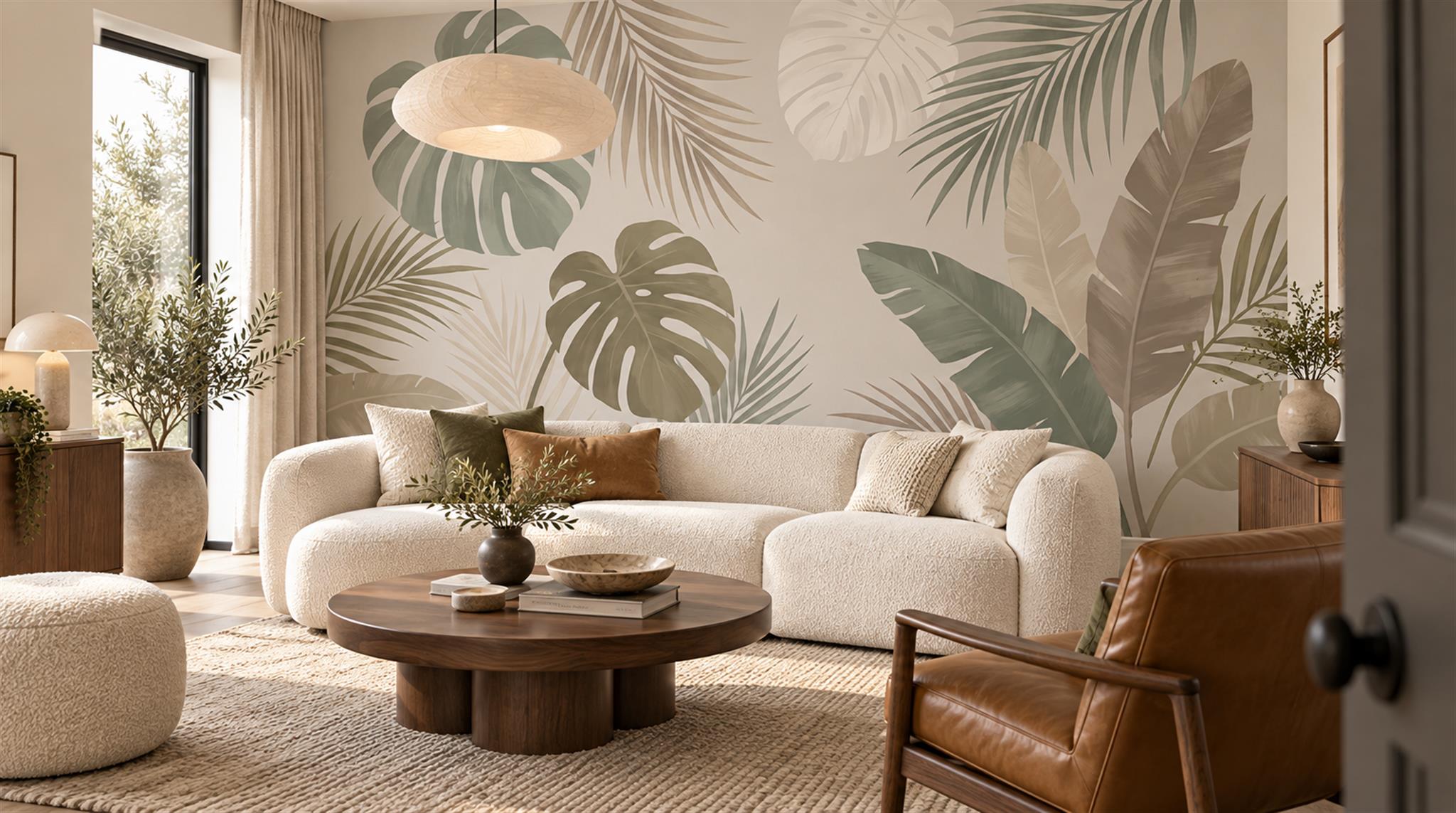 Neutral Palm Leaves Wallpaper Mural Scene