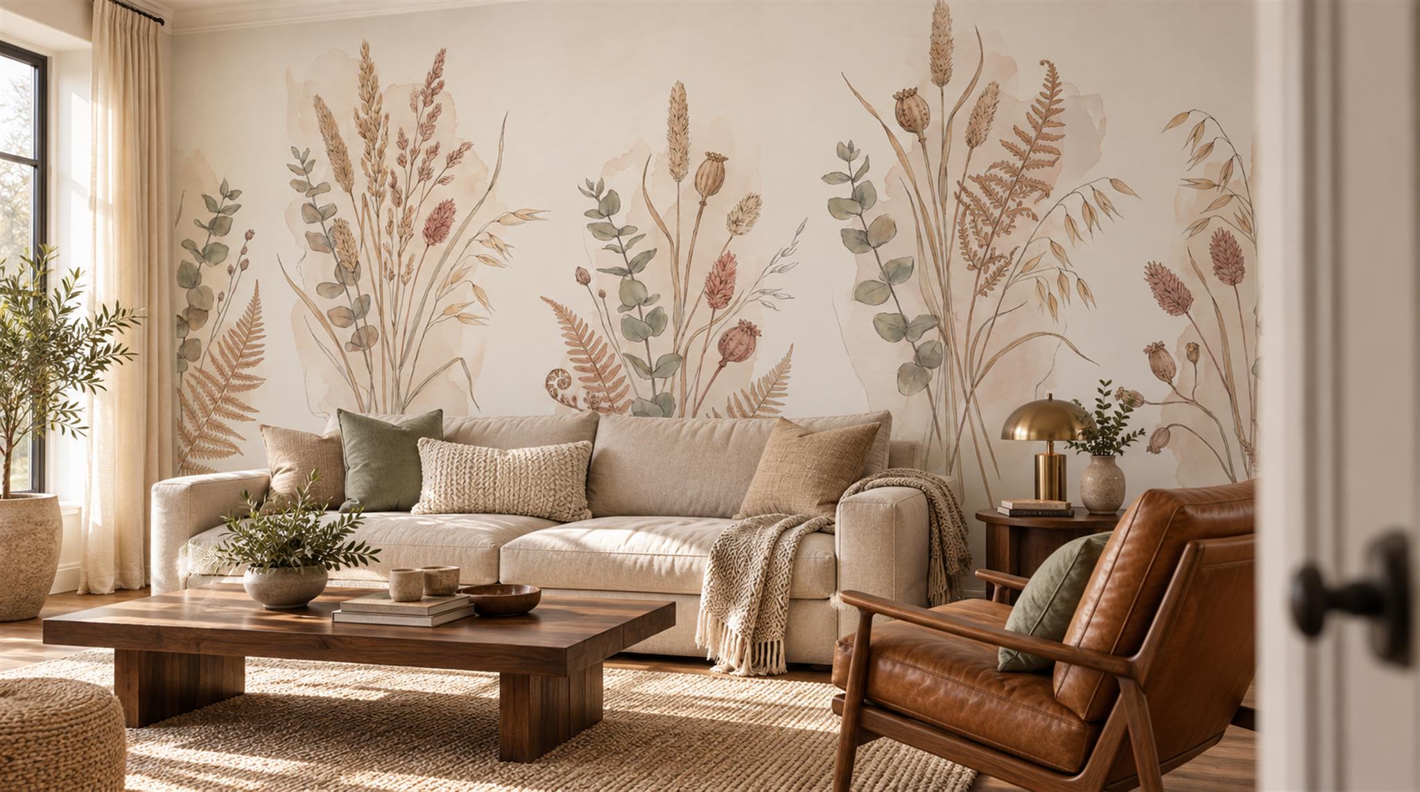 Ivory Leaf Patterning Wallpaper Mural Scene