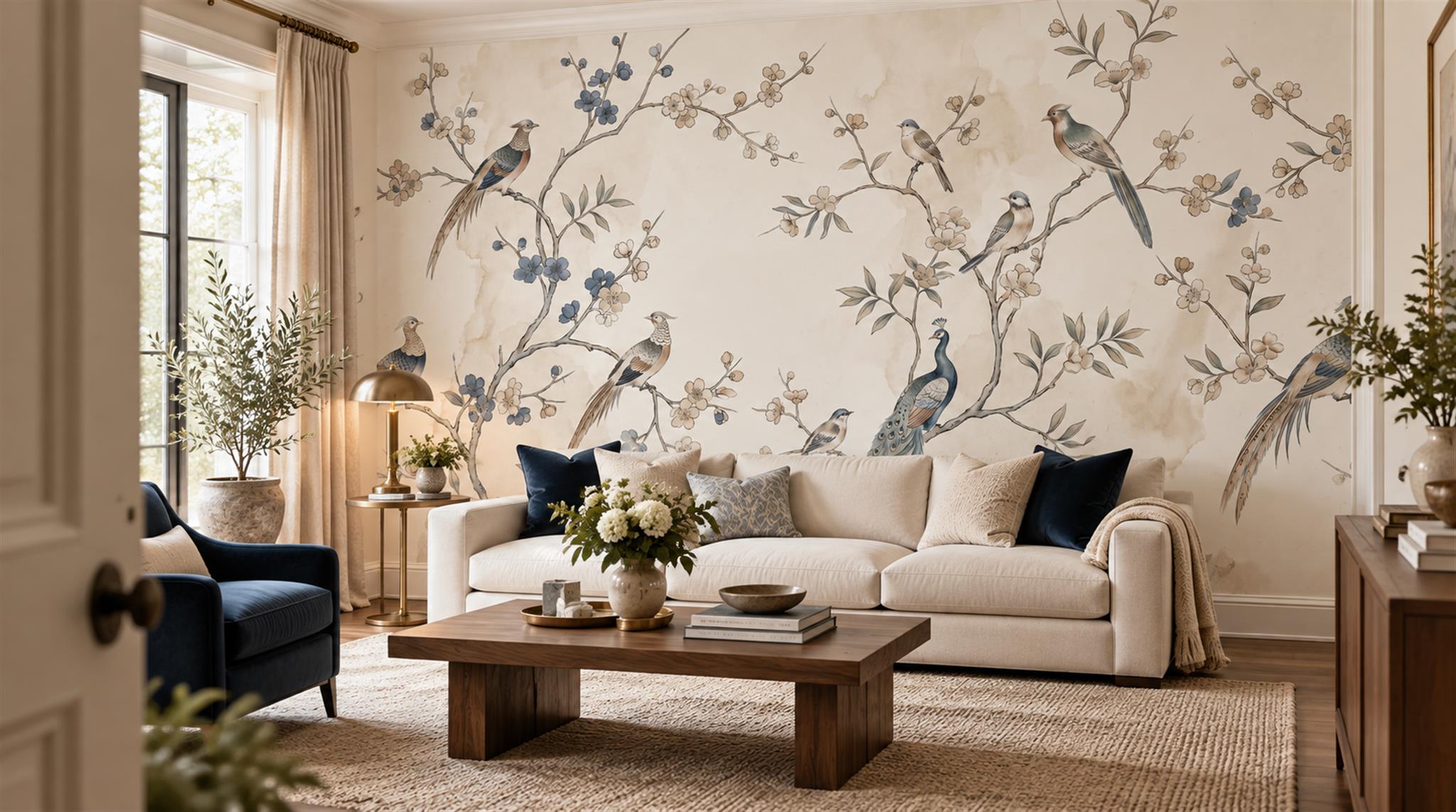 Ivory Bird Detailing Wallpaper Mural Scene