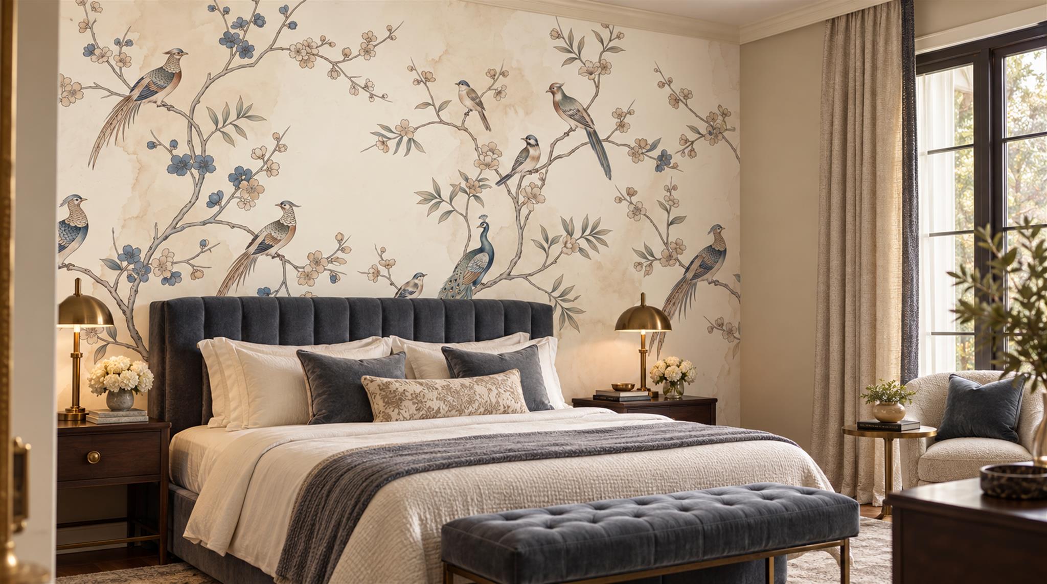 Ivory Bird Detailing Wallpaper Mural Scene