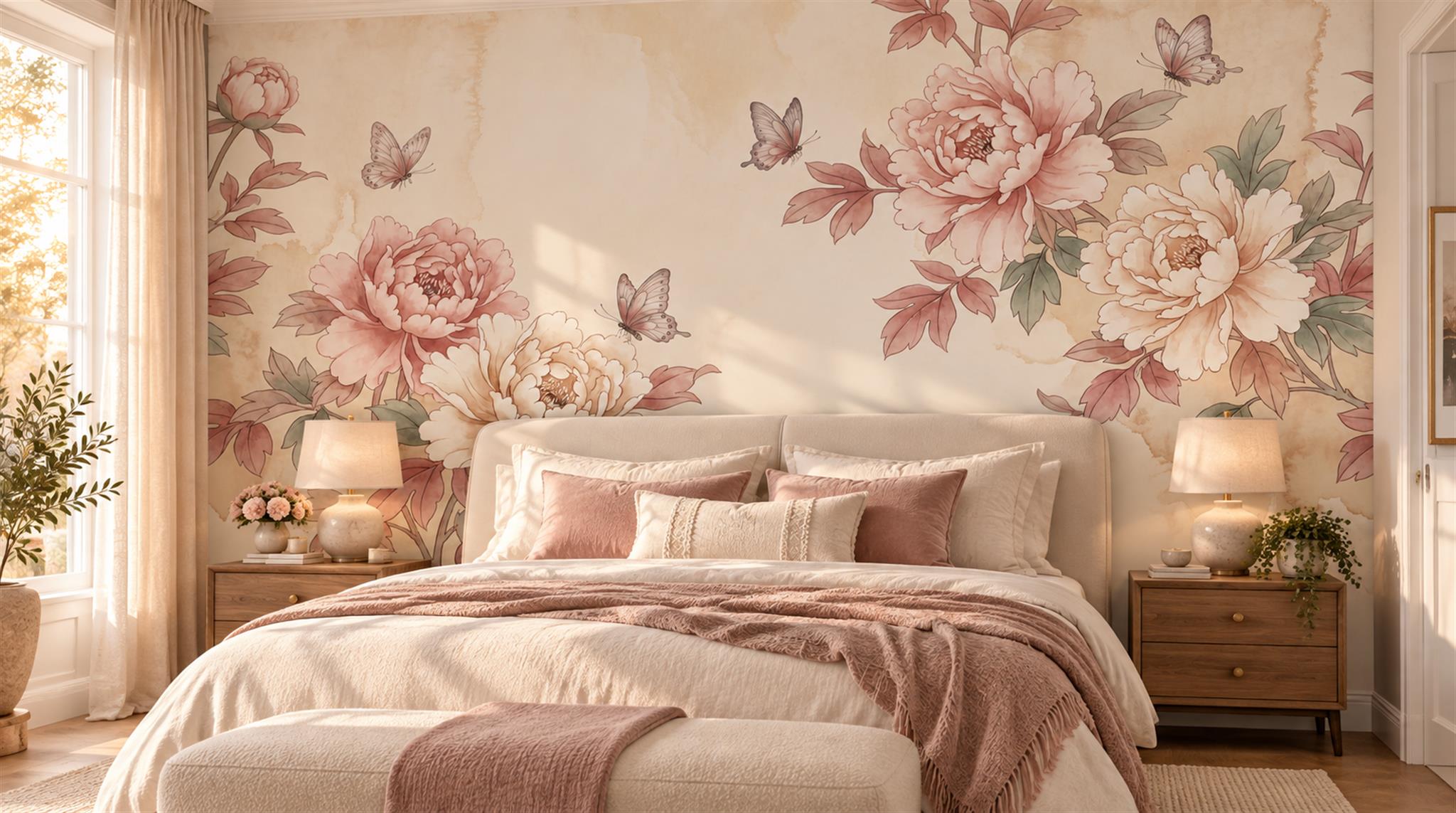 Pink Floral Foliage Wallpaper Mural Main