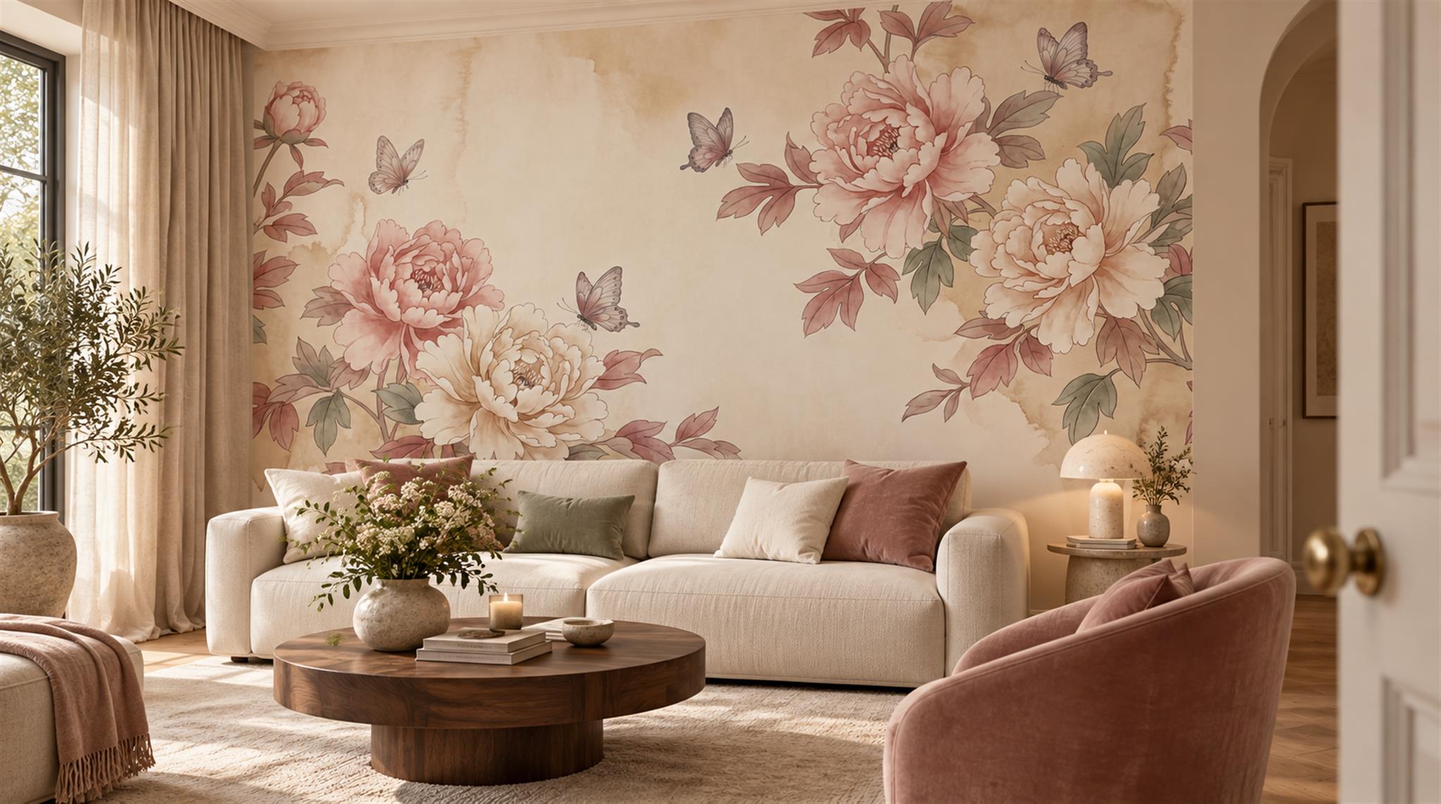 Pink Floral Foliage Wallpaper Mural Scene