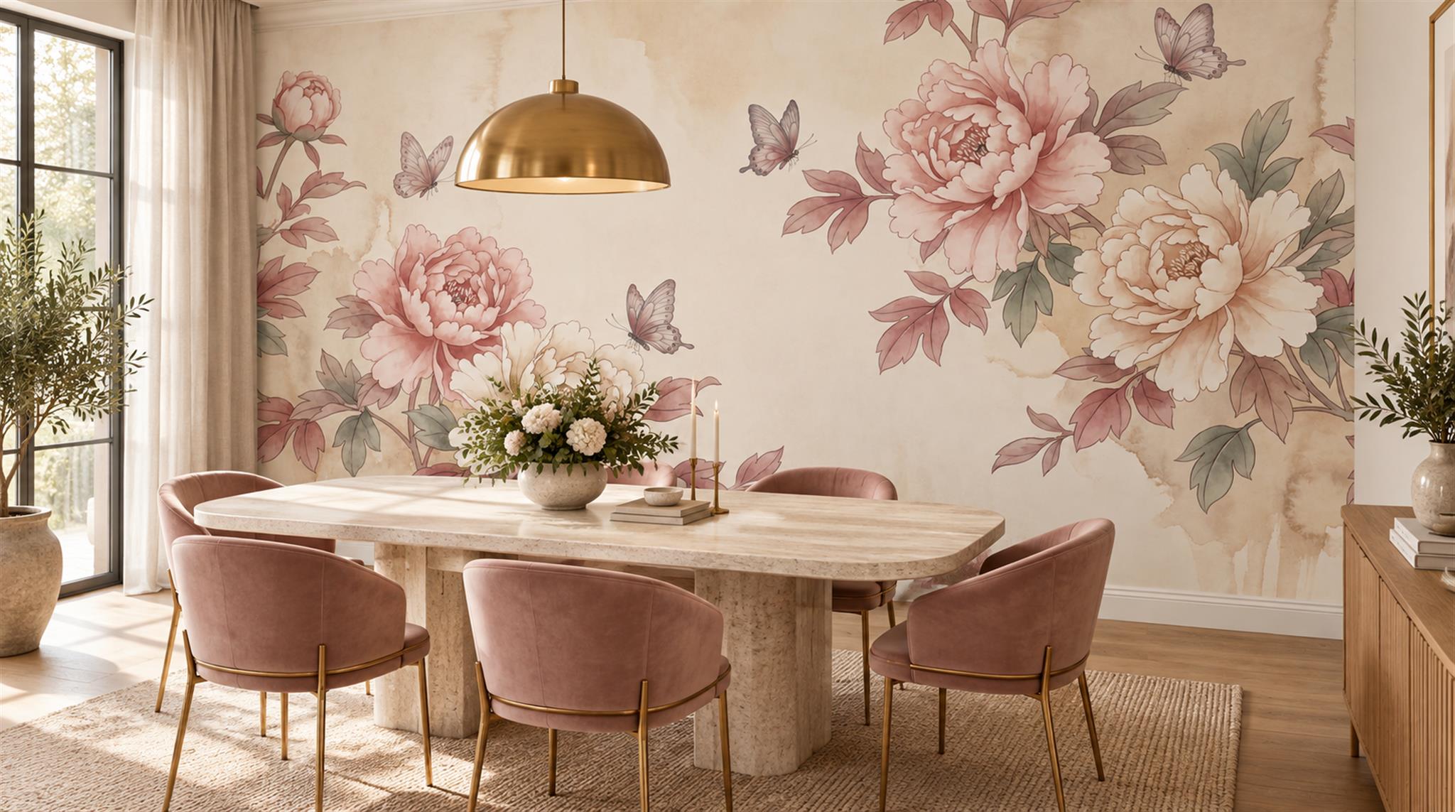 Pink Floral Foliage Wallpaper Mural Scene