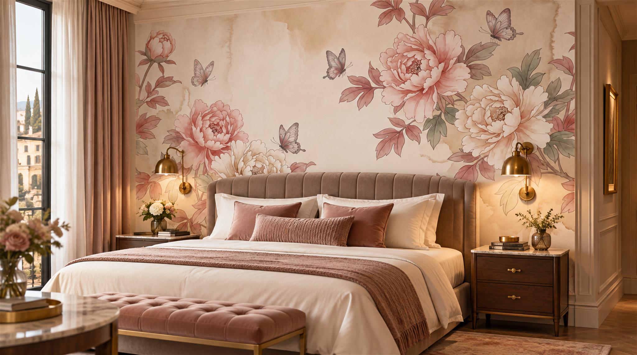 Pink Floral Foliage Wallpaper Mural Scene