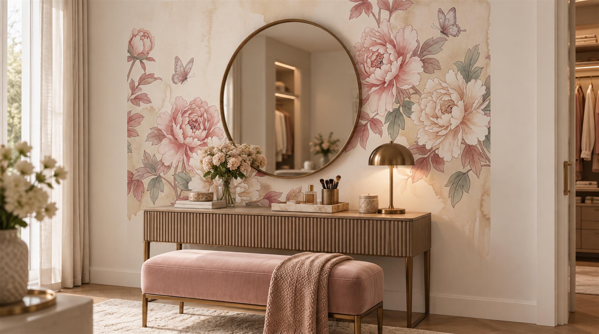 Pink Floral Foliage Wallpaper Mural Scene