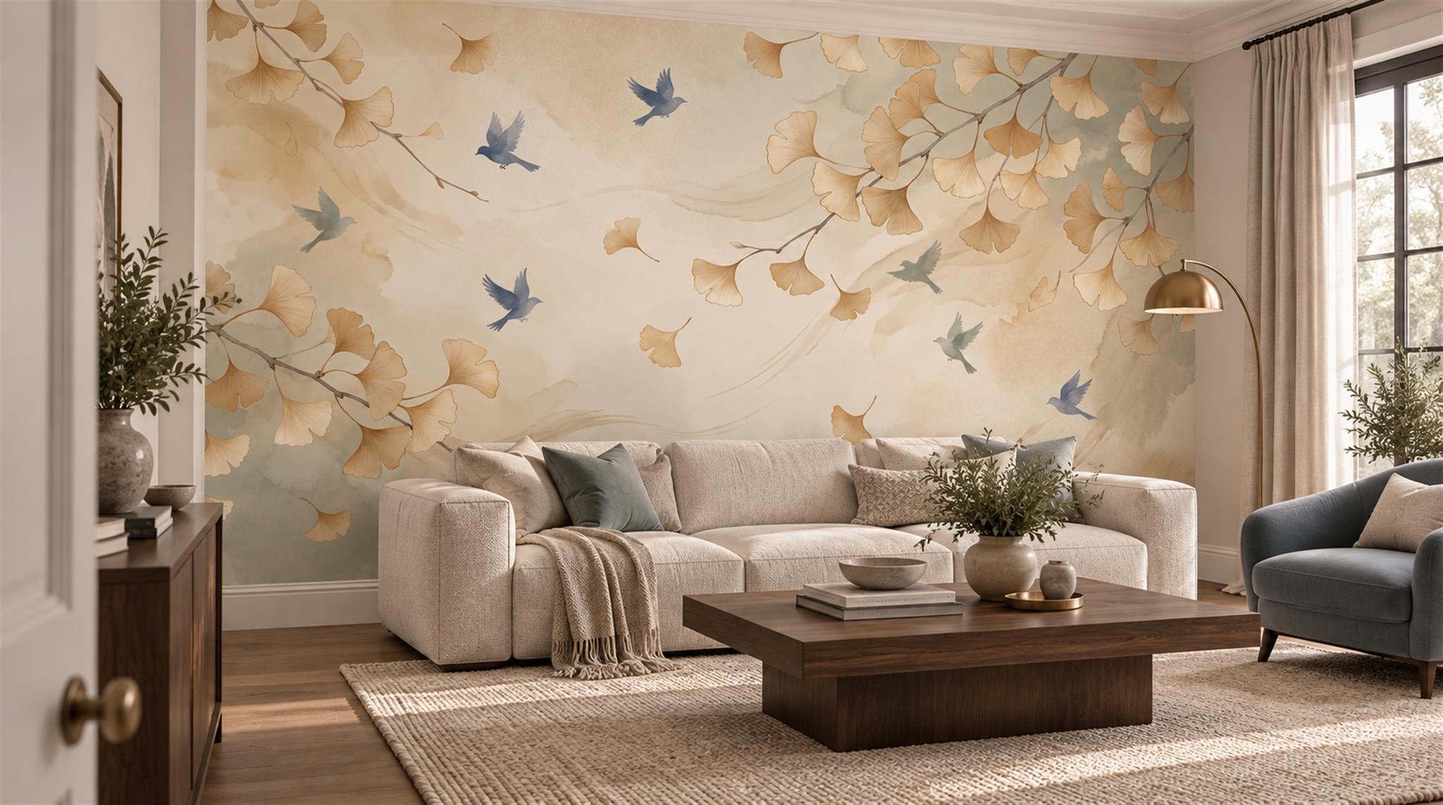 Gold Bird Detailing Wallpaper Mural Scene