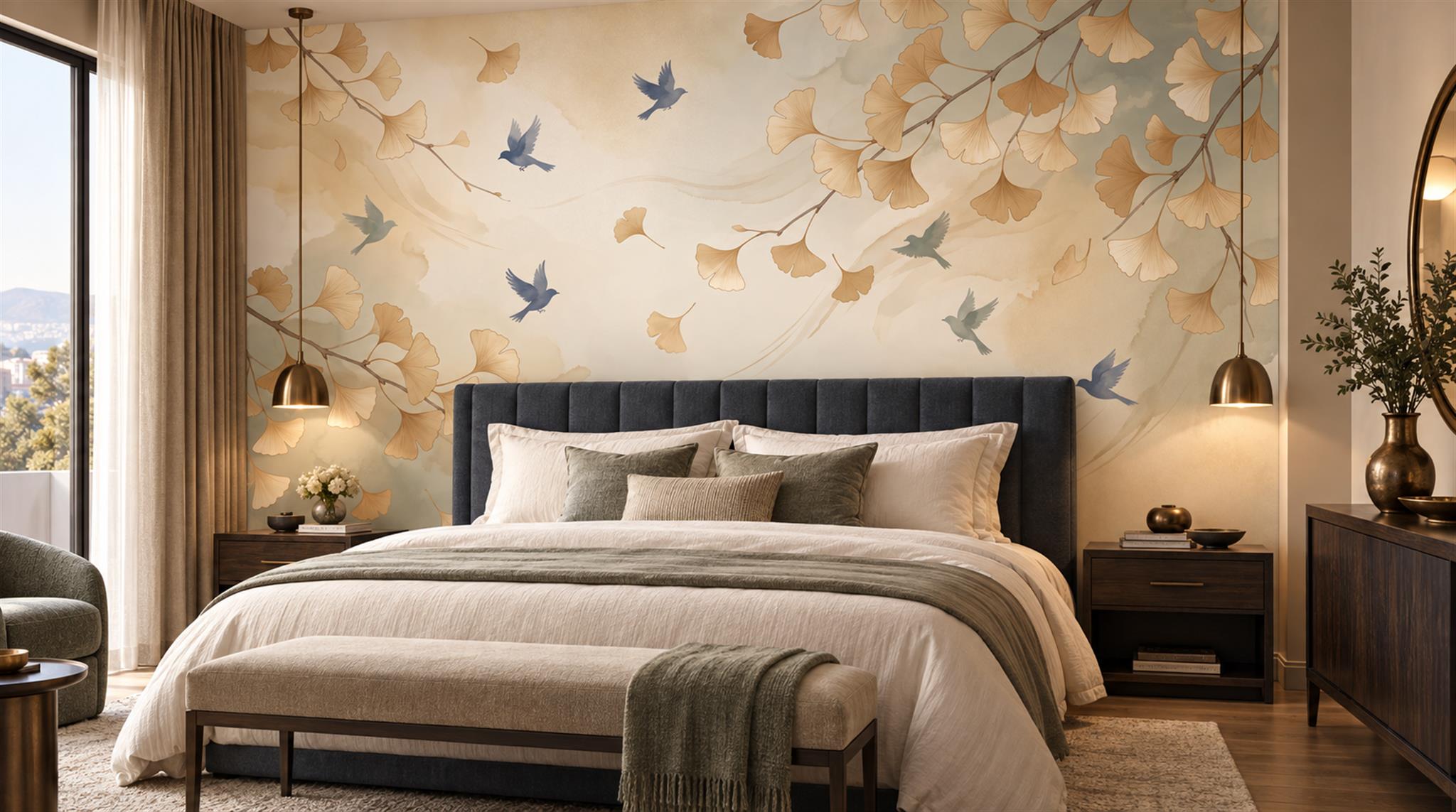Gold Bird Detailing Wallpaper Mural Scene