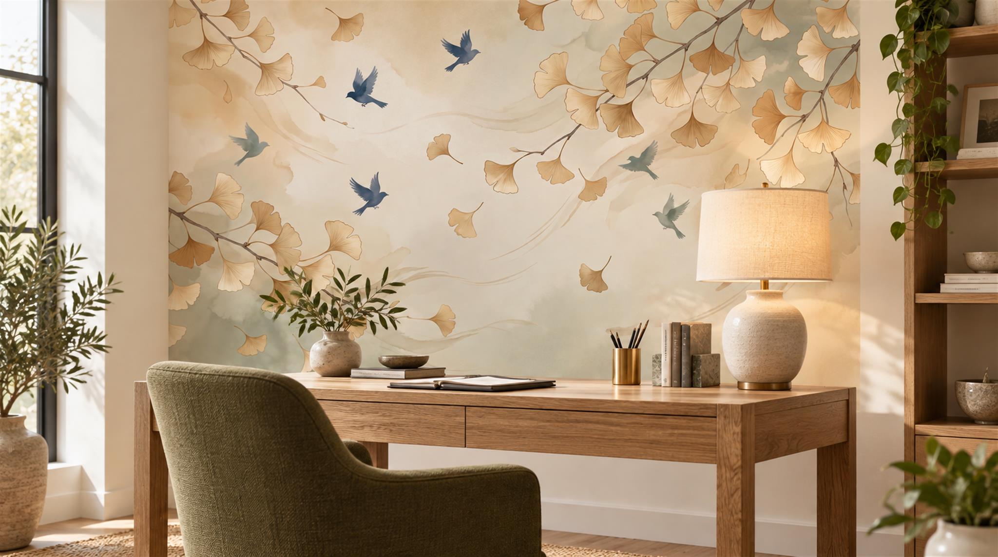 Gold Bird Detailing Wallpaper Mural Scene