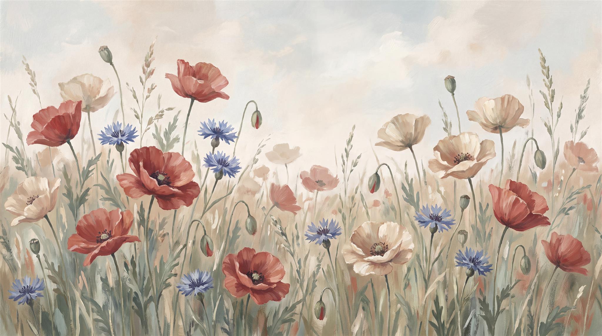 Sage Green Poppy Flowers Wallpaper Mural Main