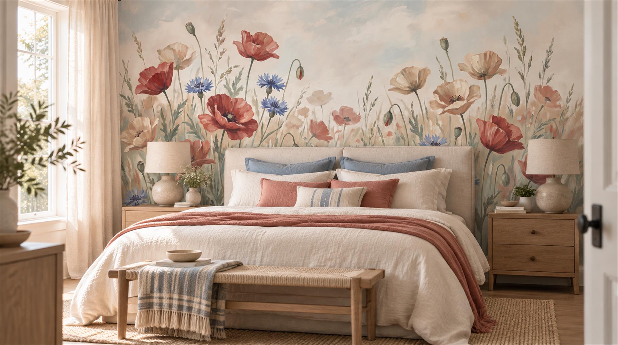 Sage Green Poppy Flowers Wallpaper Mural