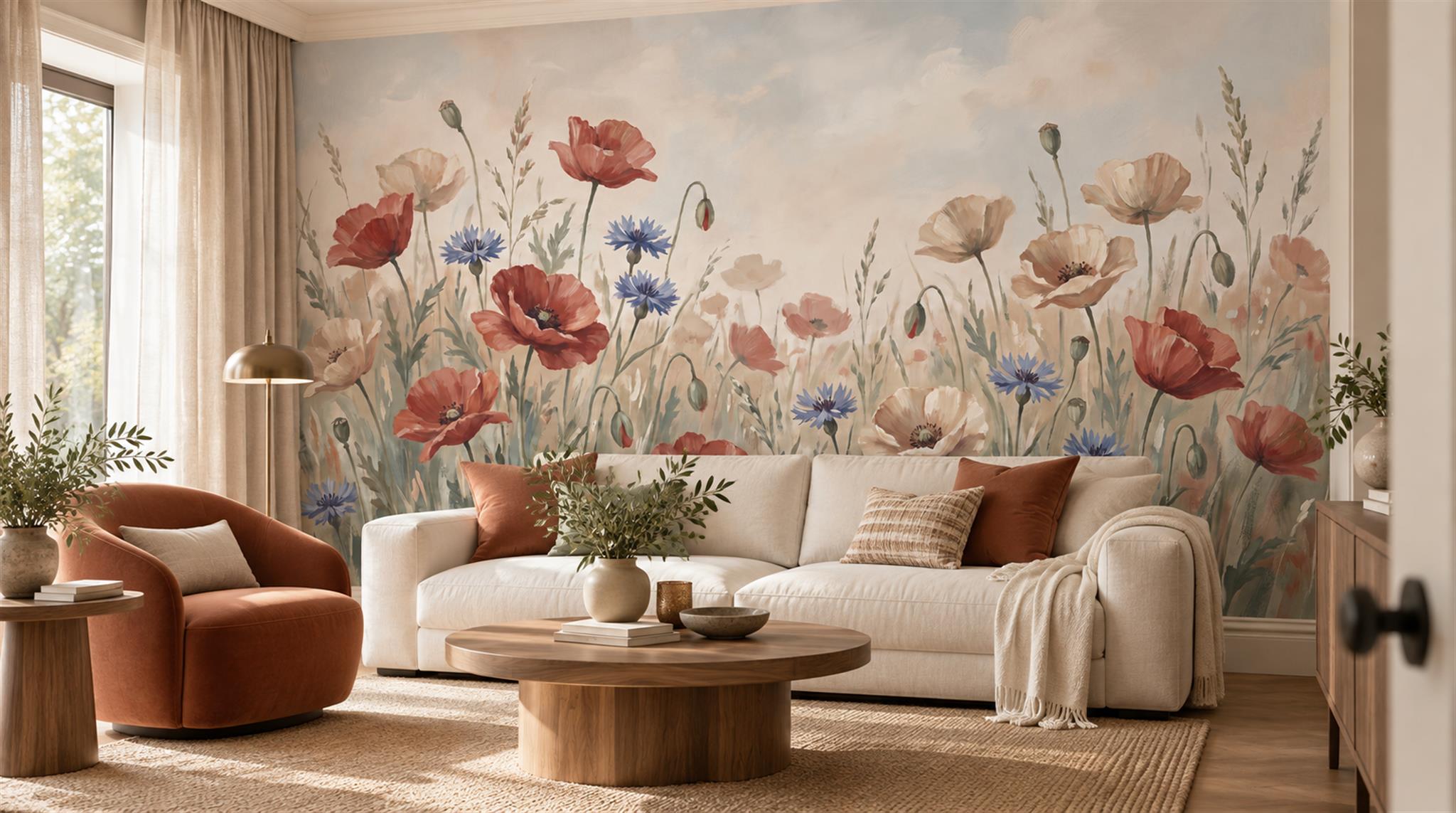 Sage Green Poppy Flowers Wallpaper Mural Scene