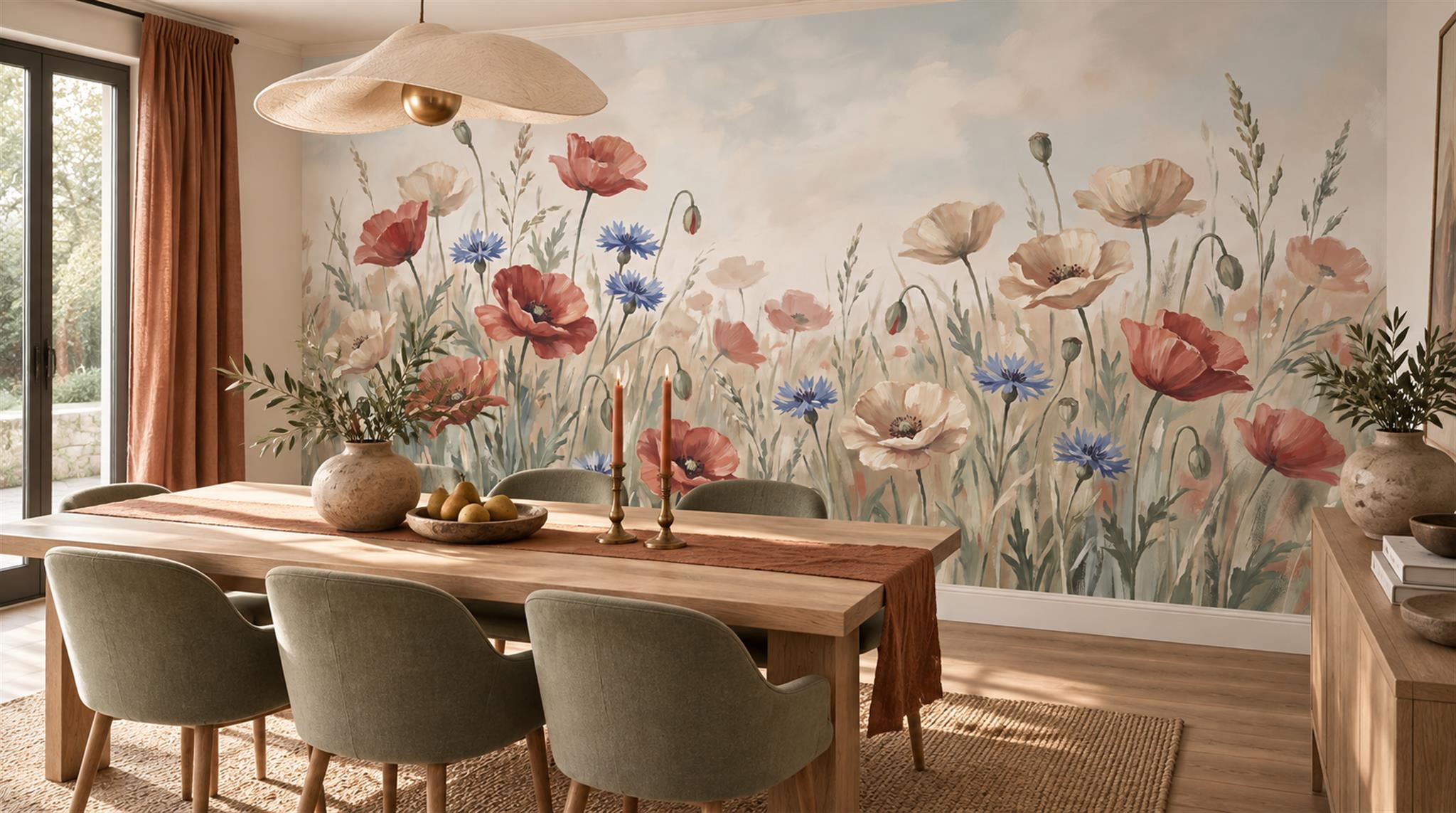 Sage Green Poppy Flowers Wallpaper Mural Scene