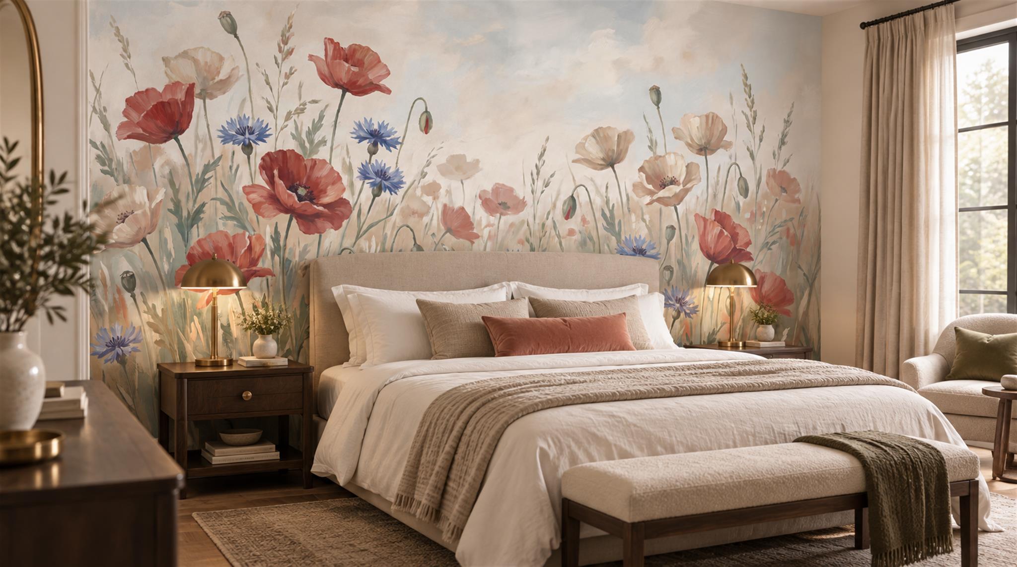 Sage Green Poppy Flowers Wallpaper Mural Scene