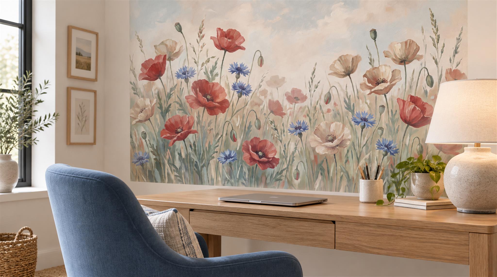 Sage Green Poppy Flowers Wallpaper Mural Scene