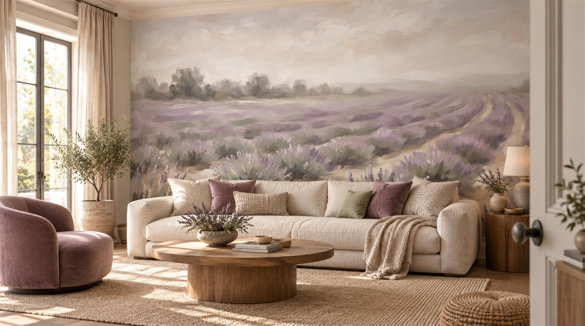 Lavender Meadow Watercolour Wallpaper Mural Scene