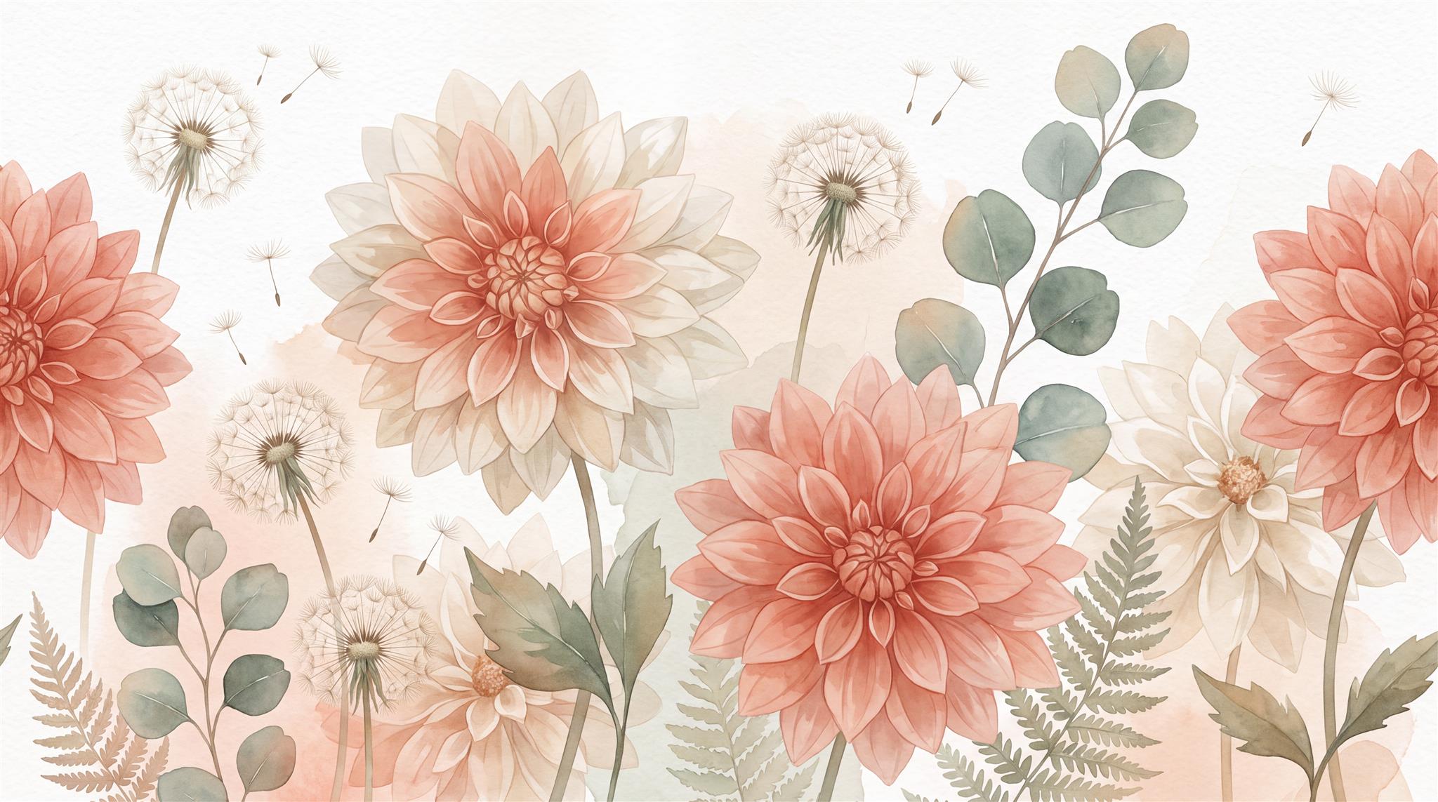 Coral Pink Wildflower Watercolour Wallpaper Mural Main