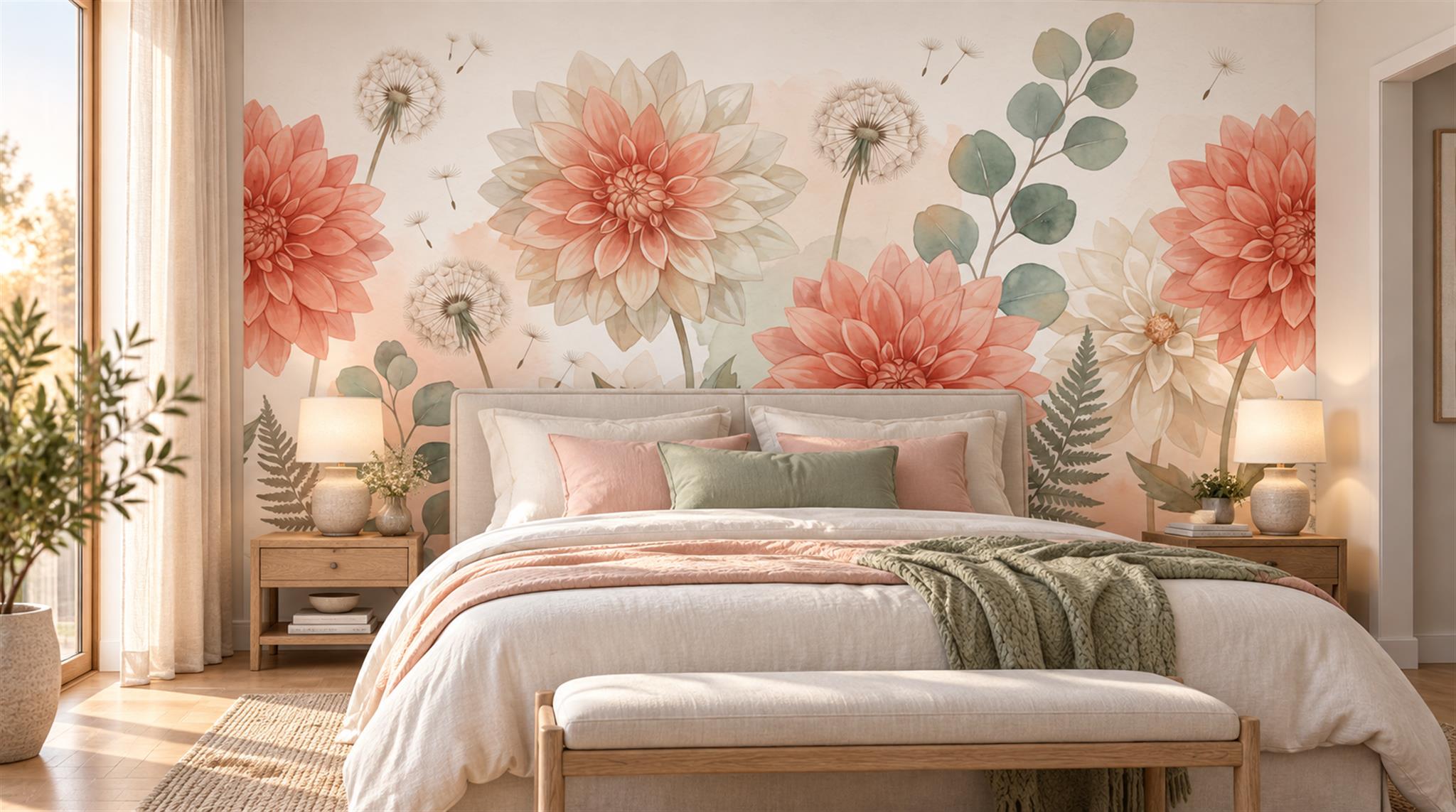 Coral Pink Wildflower Watercolour Wallpaper Mural Main