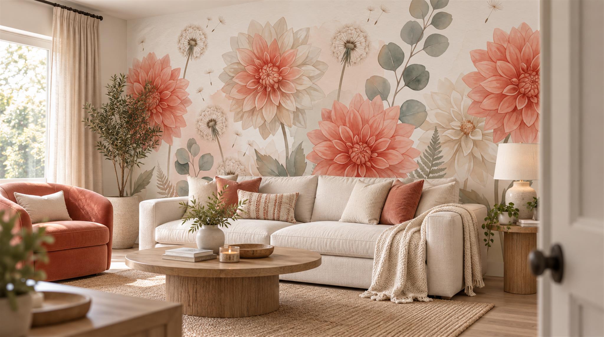 Coral Pink Wildflower Watercolour Wallpaper Mural Scene