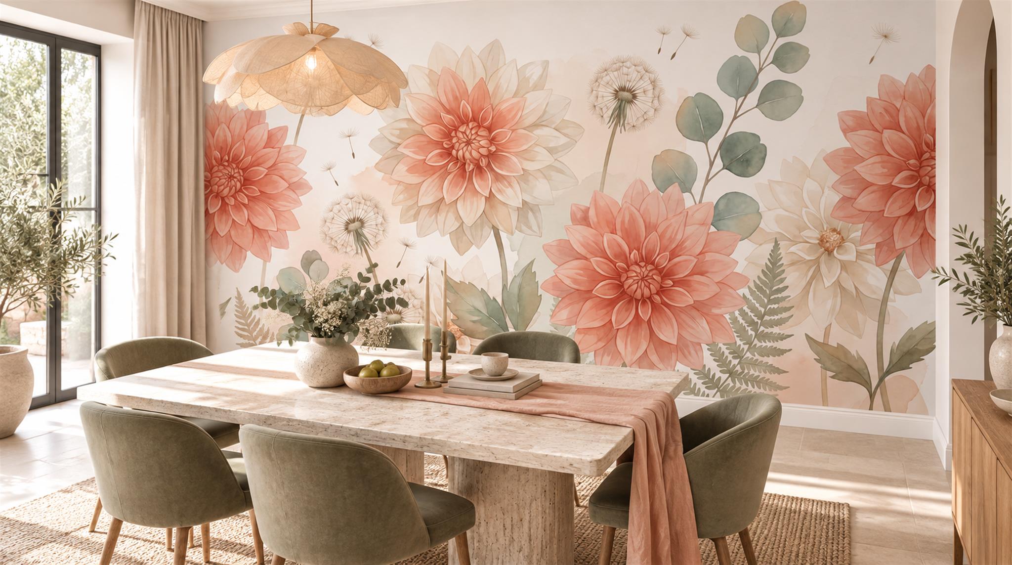 Coral Pink Wildflower Watercolour Wallpaper Mural Scene