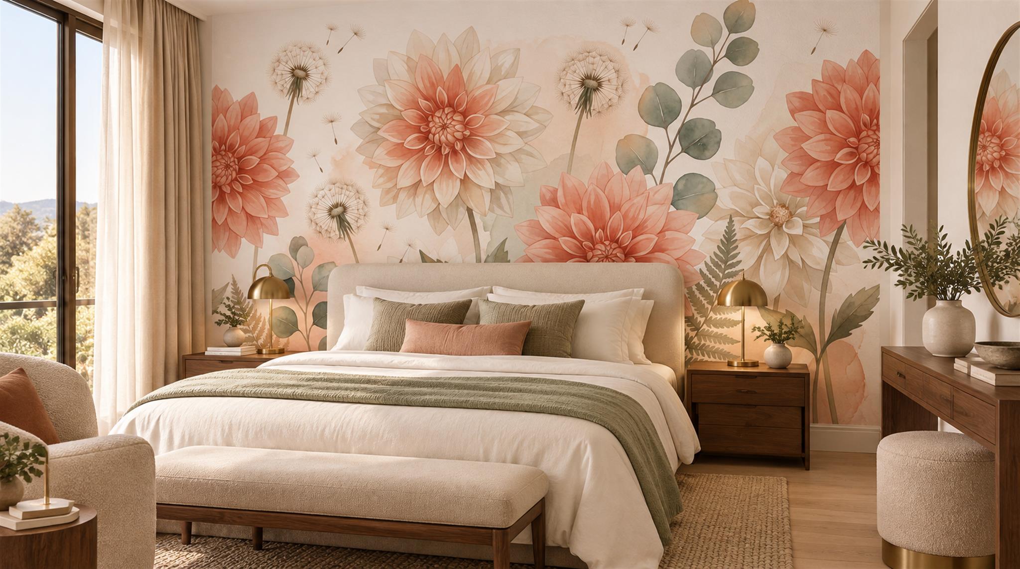 Coral Pink Wildflower Watercolour Wallpaper Mural Scene