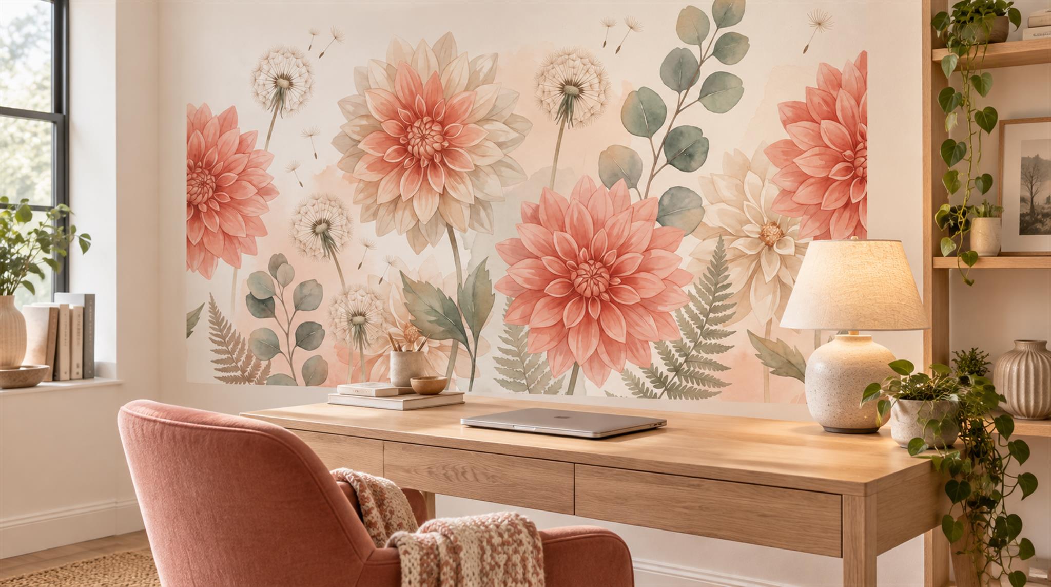 Coral Pink Wildflower Watercolour Wallpaper Mural Scene