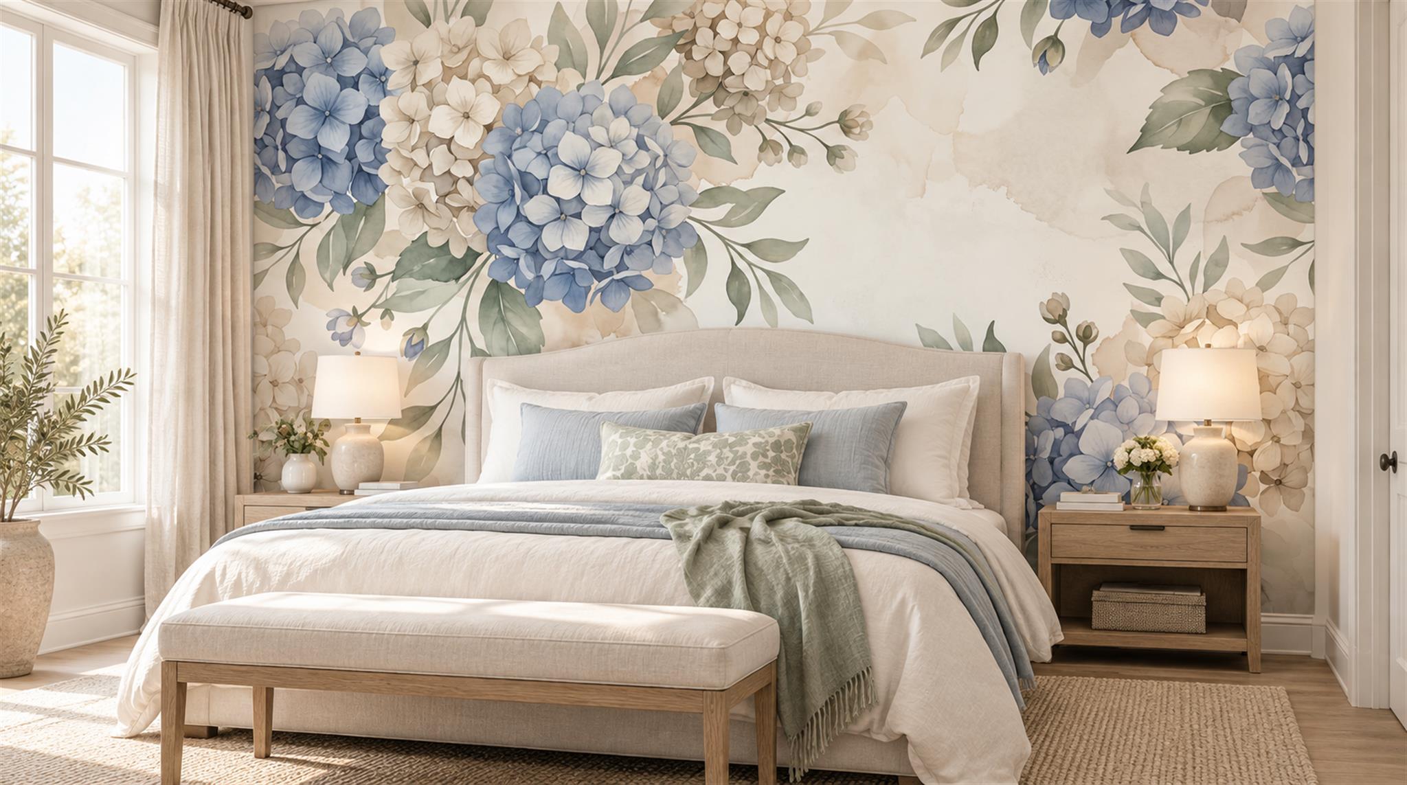 Blue Hydrangea Botanical Watercolour Wallpaper Mural Main