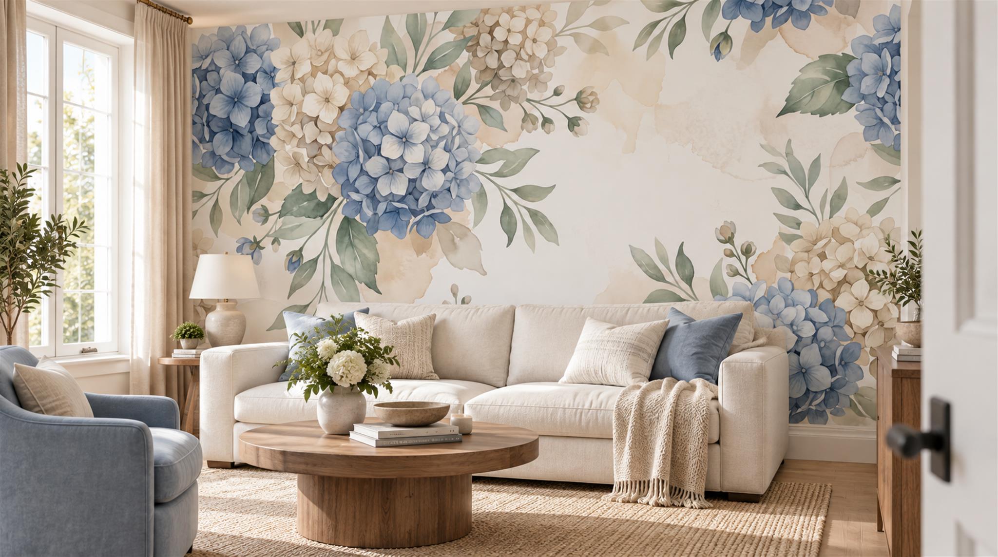 Blue Hydrangea Botanical Watercolour Wallpaper Mural Scene