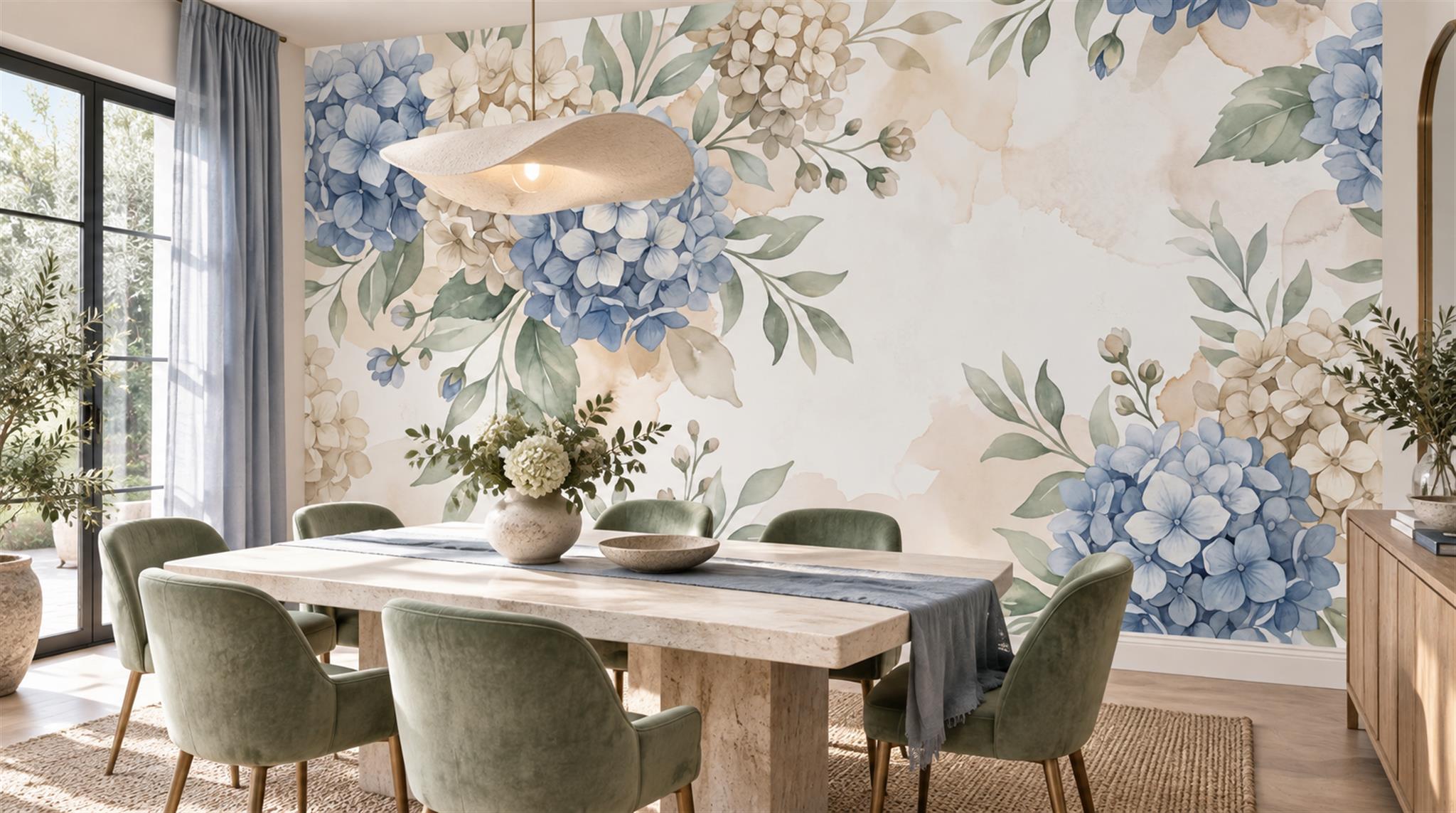 Blue Hydrangea Botanical Watercolour Wallpaper Mural Scene