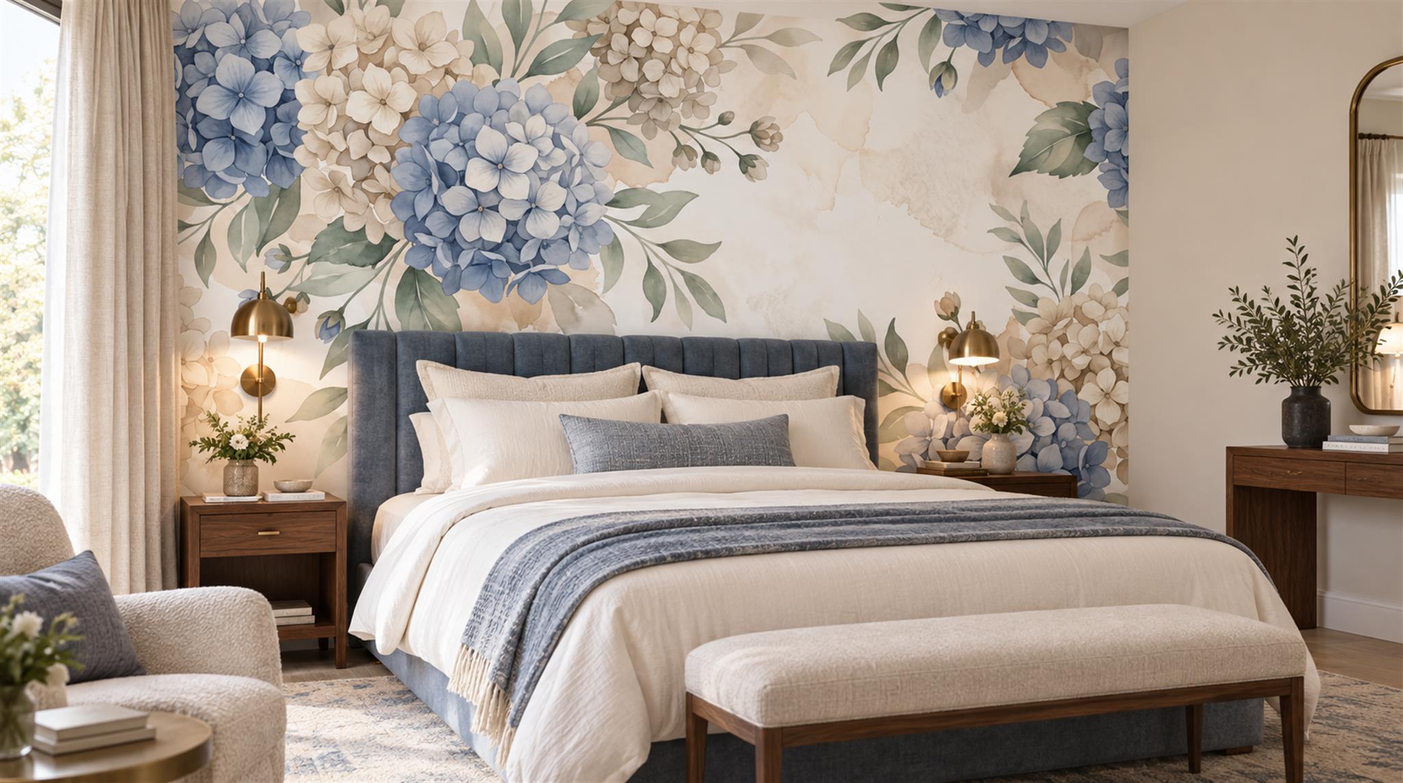 Blue Hydrangea Botanical Watercolour Wallpaper Mural Scene
