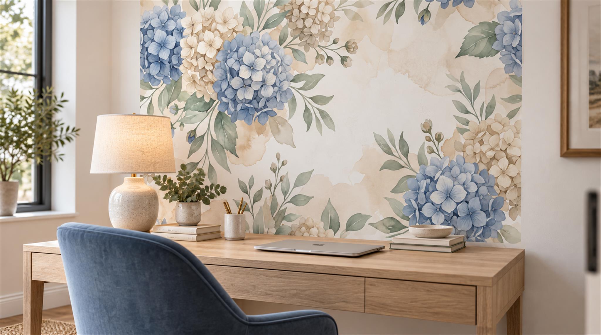 Blue Hydrangea Botanical Watercolour Wallpaper Mural Scene
