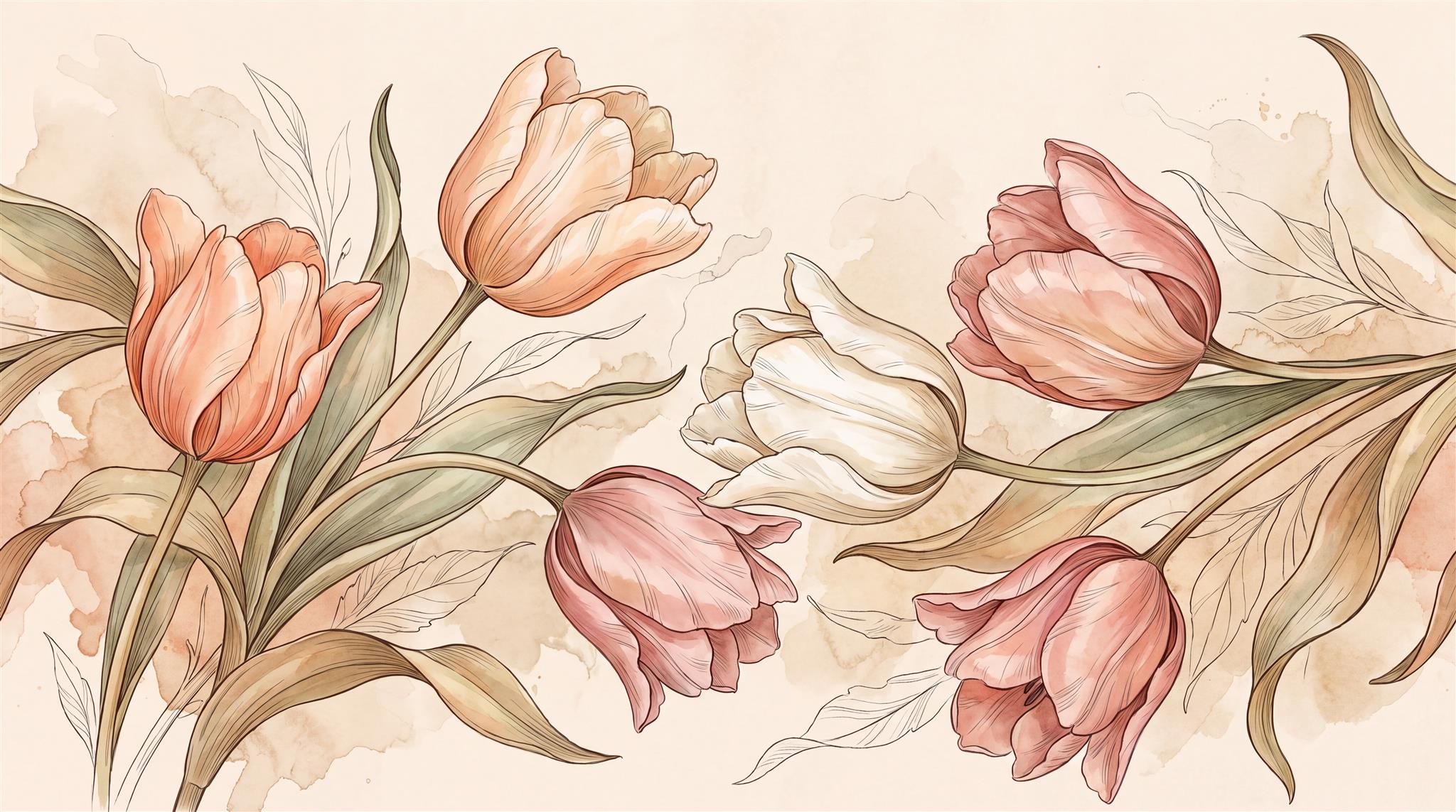 Peach Tulip Botanical Watercolour Wallpaper Mural Main