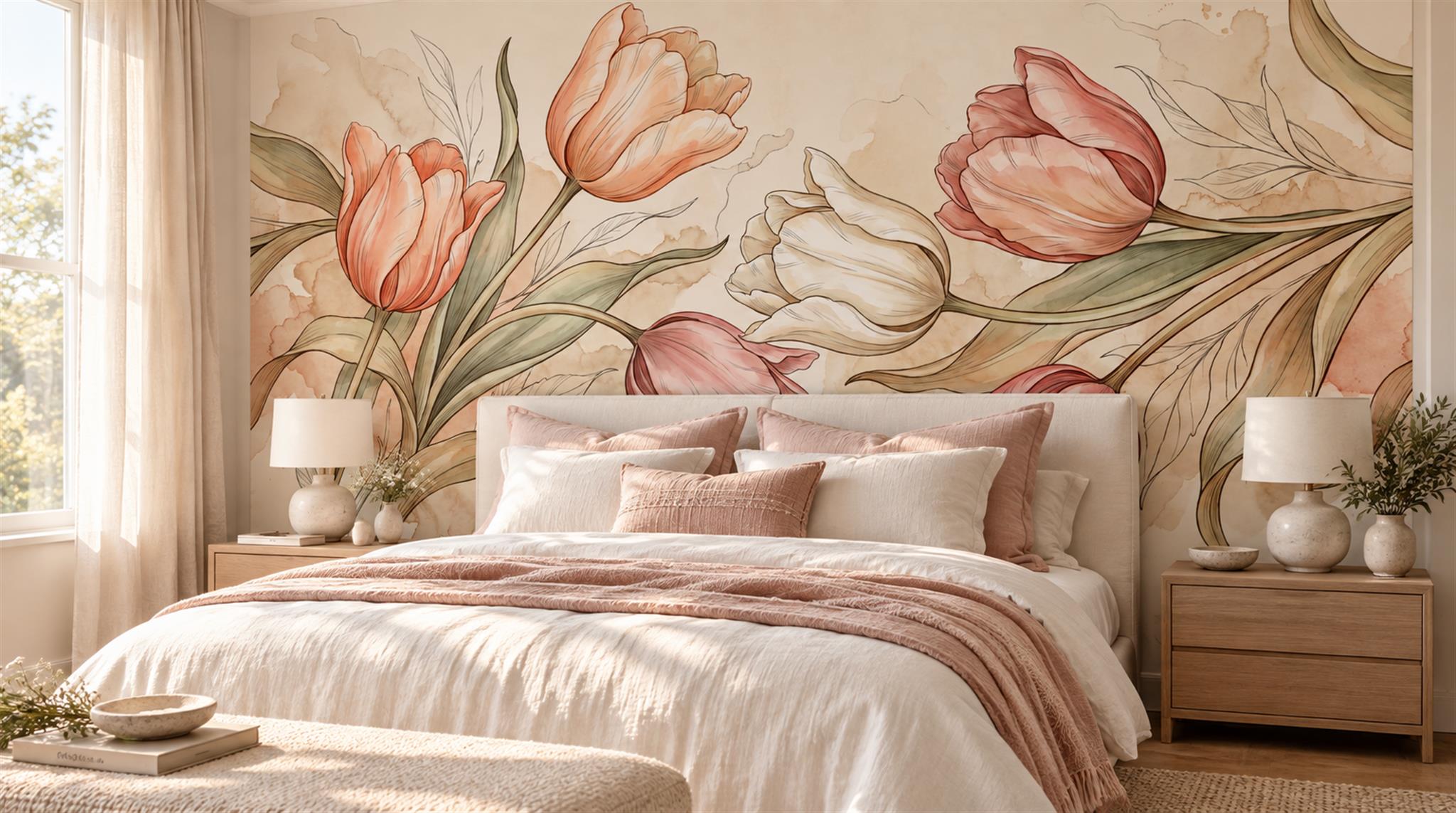Peach Tulip Botanical Watercolour Wallpaper Mural Main