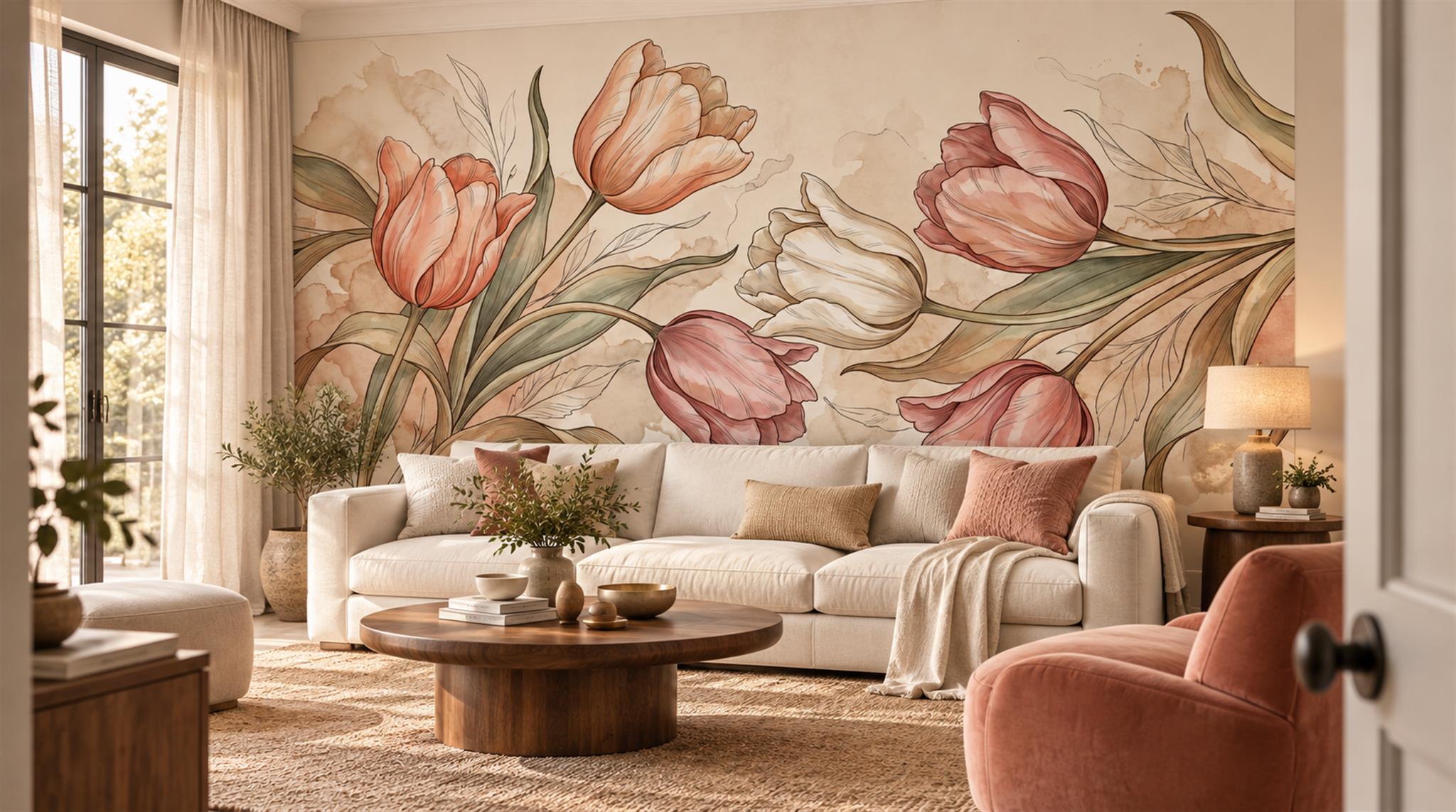 Peach Tulip Botanical Watercolour Wallpaper Mural Scene