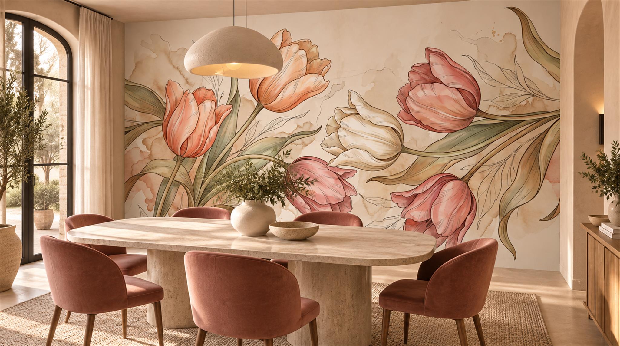 Peach Tulip Botanical Watercolour Wallpaper Mural Scene