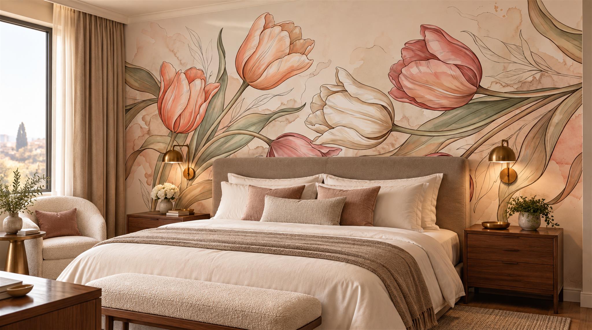 Peach Tulip Botanical Watercolour Wallpaper Mural Scene