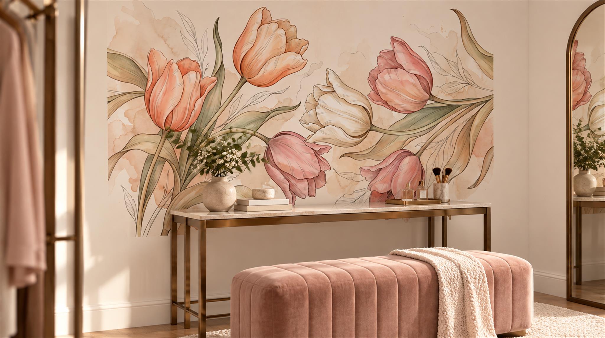 Peach Tulip Botanical Watercolour Wallpaper Mural Scene