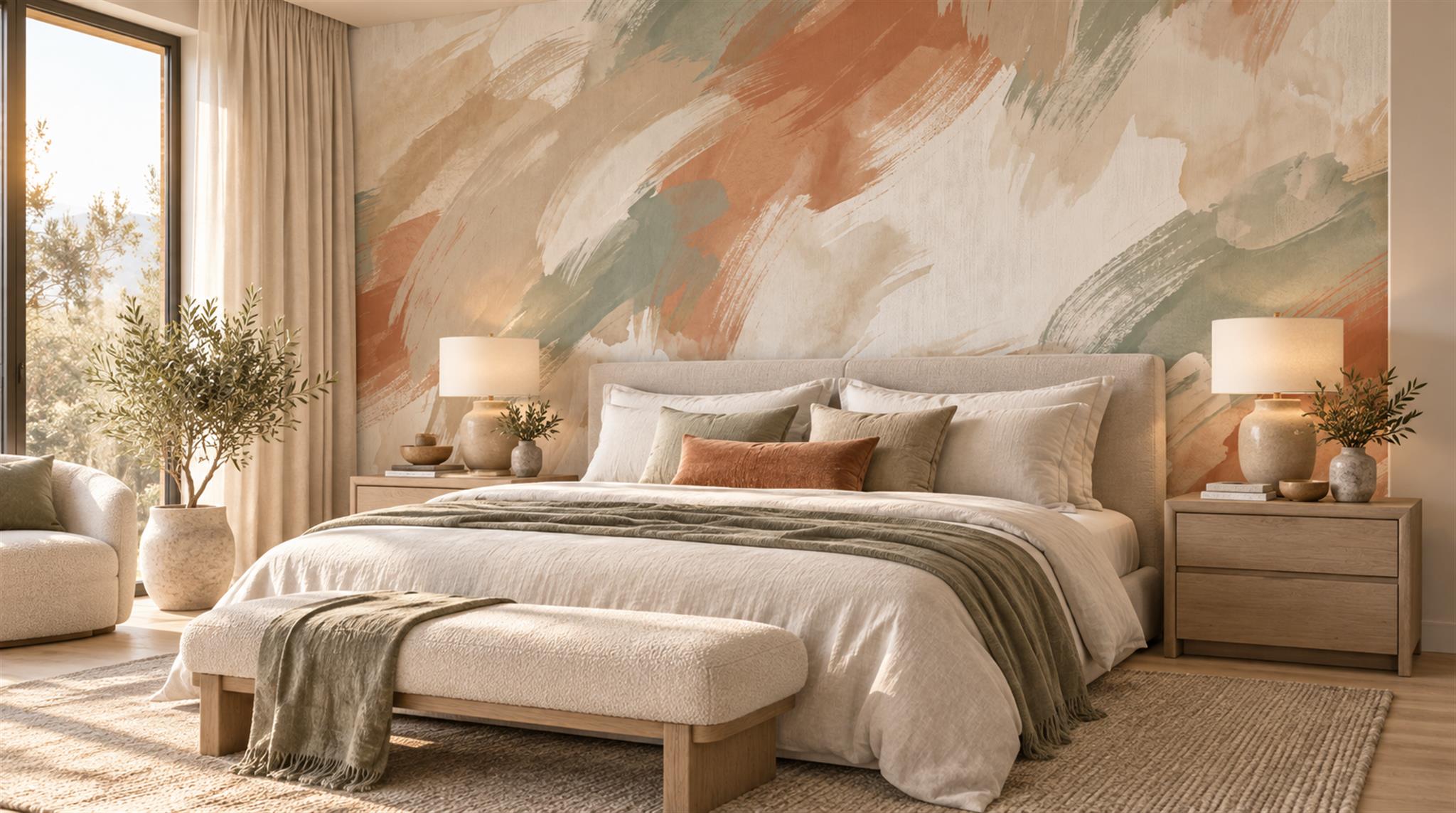 Terracotta Sage Abstract Brushstroke Wallpaper Mural Main