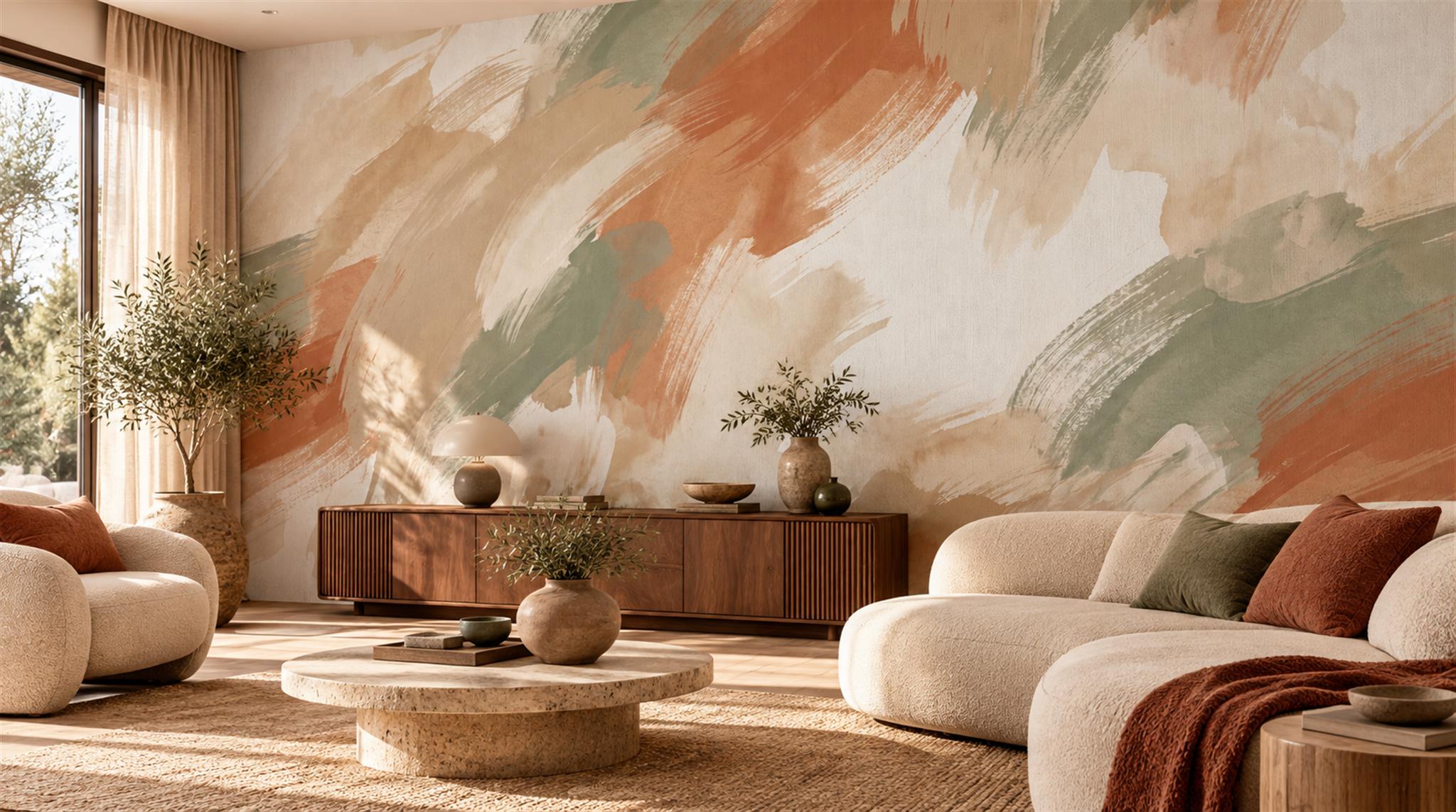 Terracotta Sage Abstract Brushstroke Wallpaper Mural Scene
