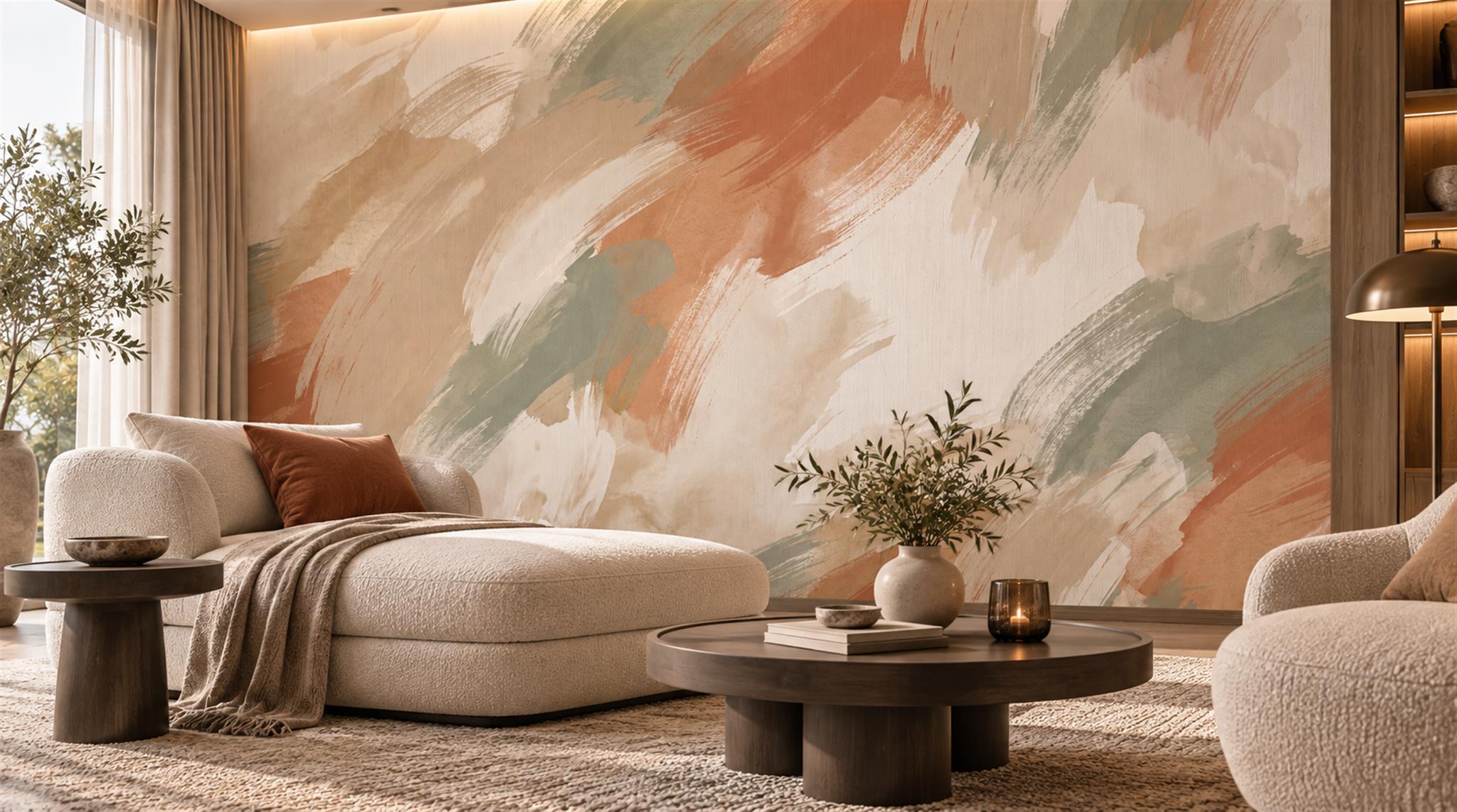 Terracotta Sage Abstract Brushstroke Wallpaper Mural Scene